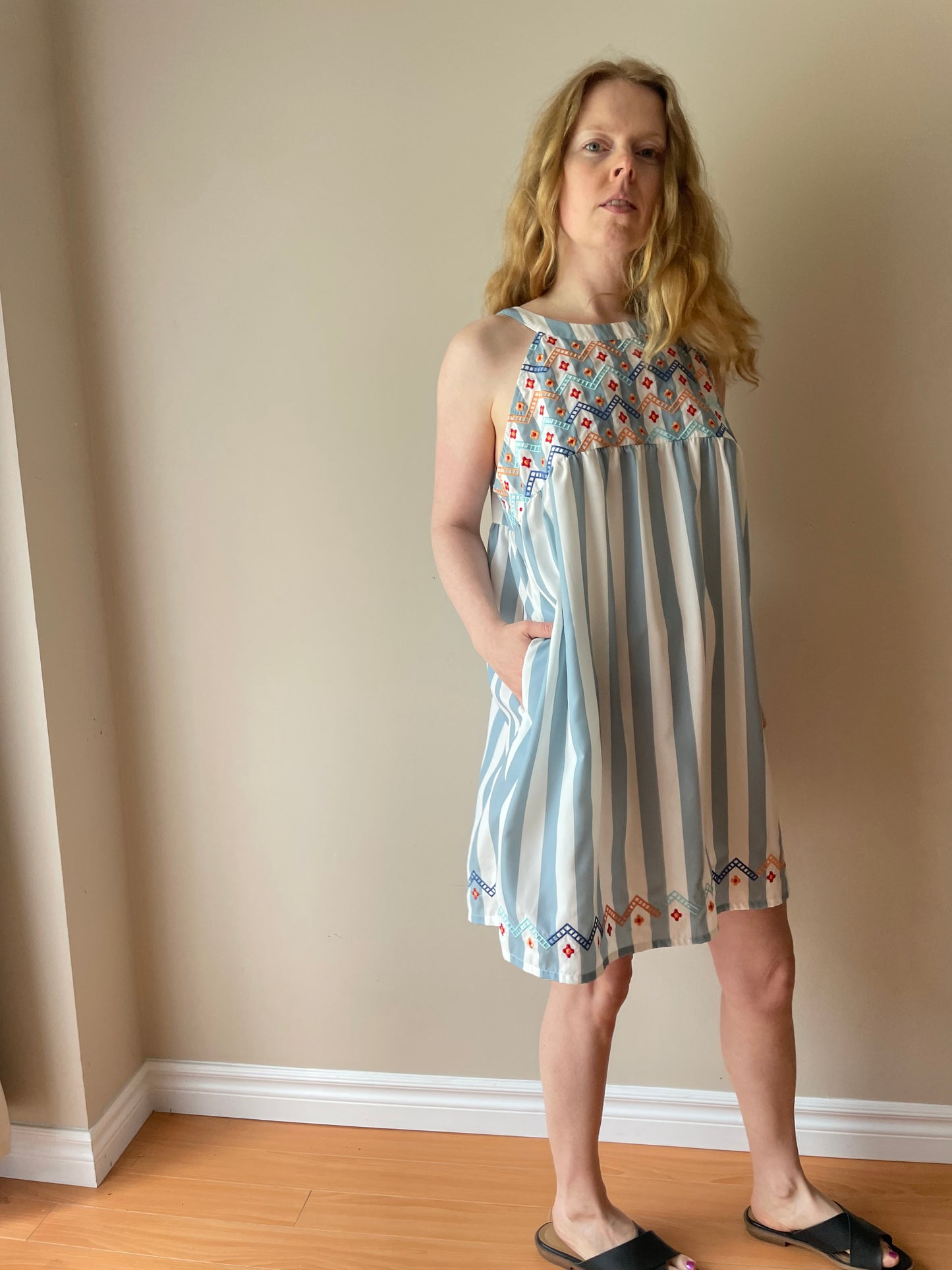 Belinda Baby Blue & White Striped Embroidered Sleeveless Dress – Size Medium