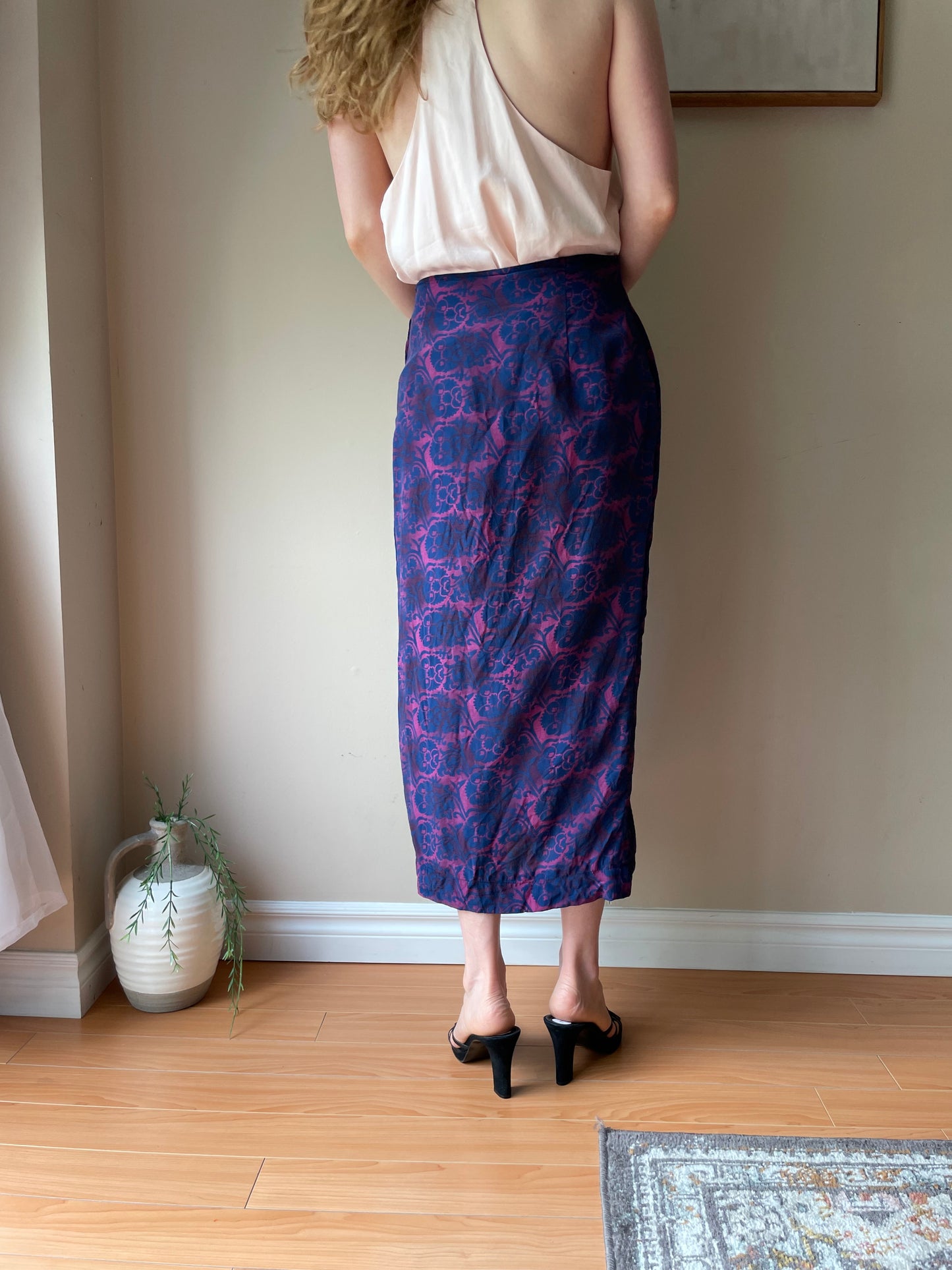 Vintage Rena Rowan 100% Silk Magenta & Navy Wrap Skirt – Small
