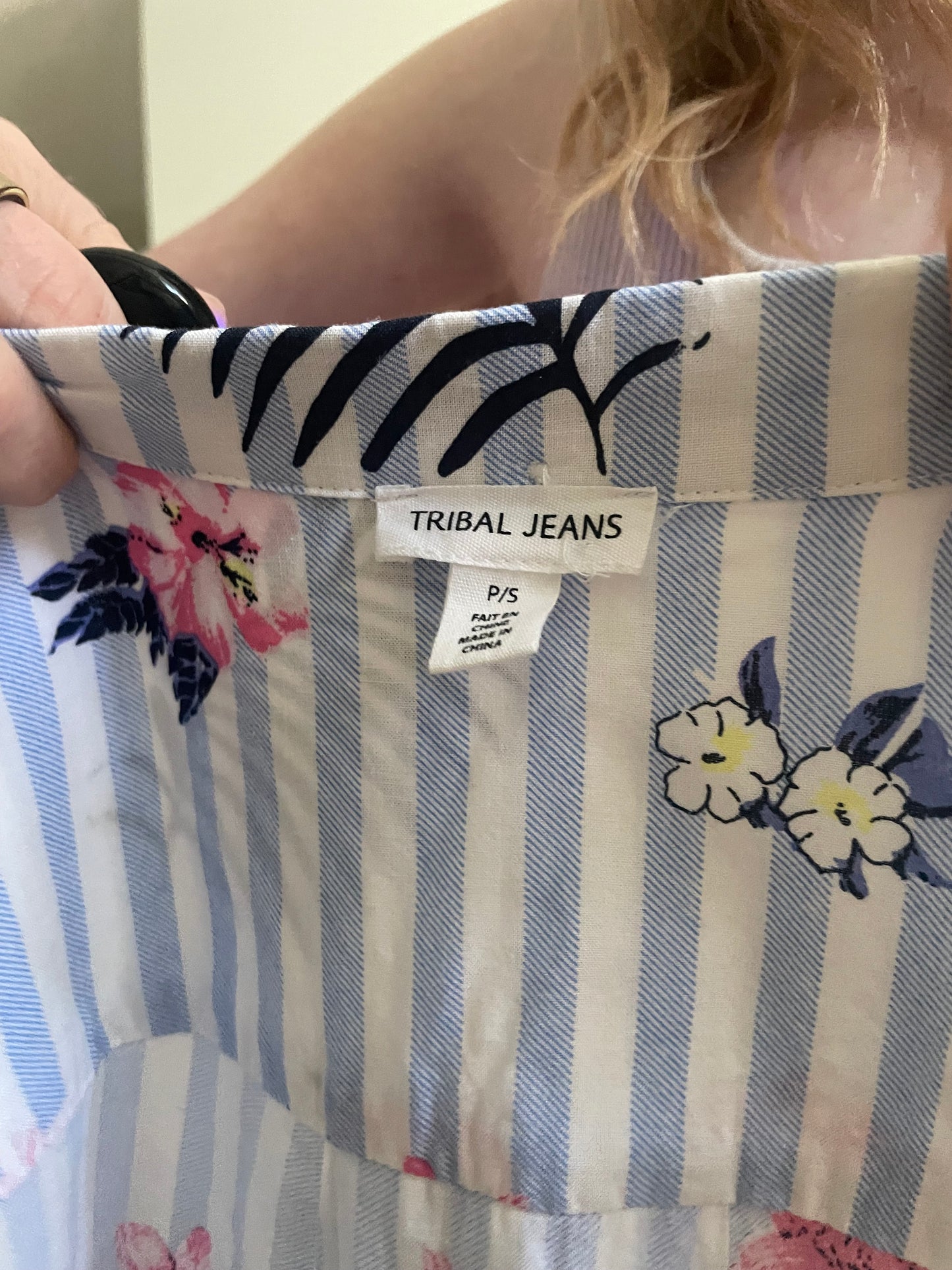 Tribal Jeans Blue Stripe Floral Linen Blend Button-Up Top - S/M