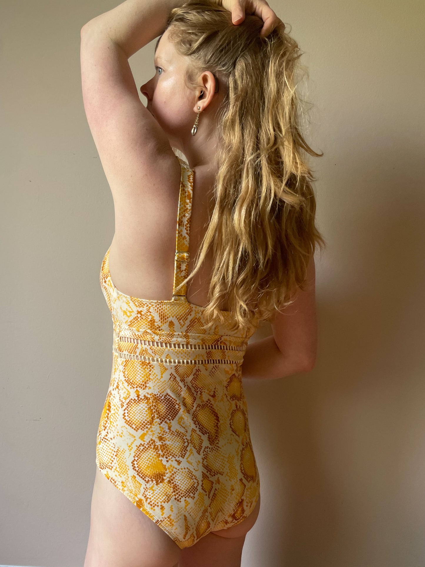 Burnt Orange Cutout V-Neck Snakeprint One Piece Swimsuit Bodysuit NWOT - Size 6