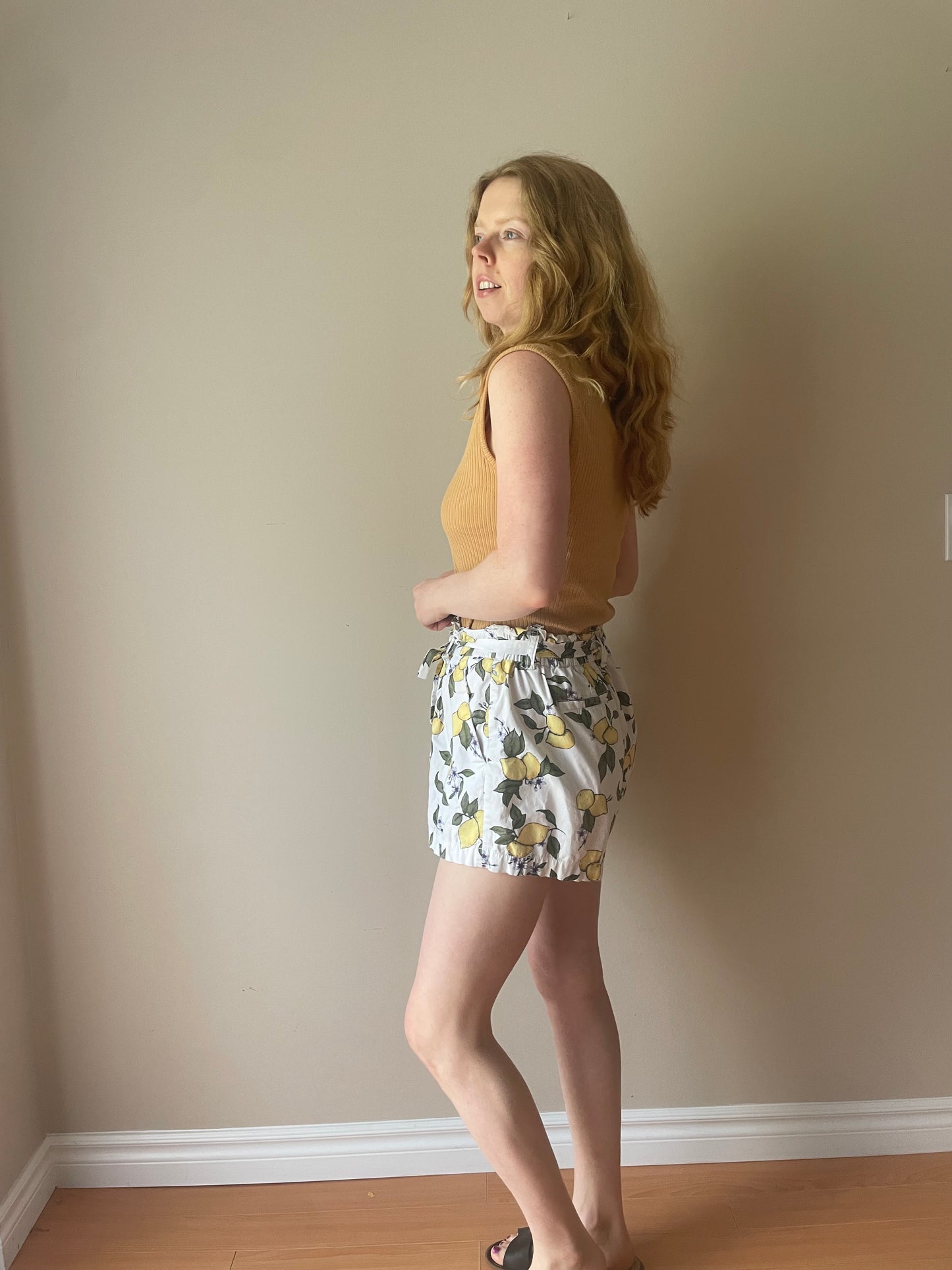Lemon Print White Cotton Paper Bag Shorts - Size 10