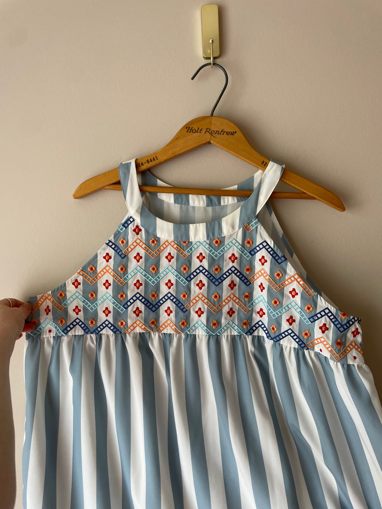 Belinda Baby Blue & White Striped Embroidered Sleeveless Dress – Size Medium