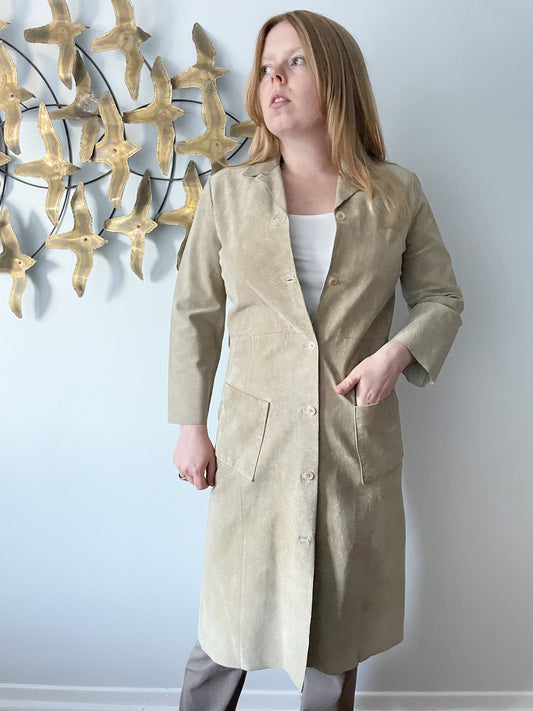 Claudie Pierlot Beige Genuine Suede Mid Length Straight Coat - Small