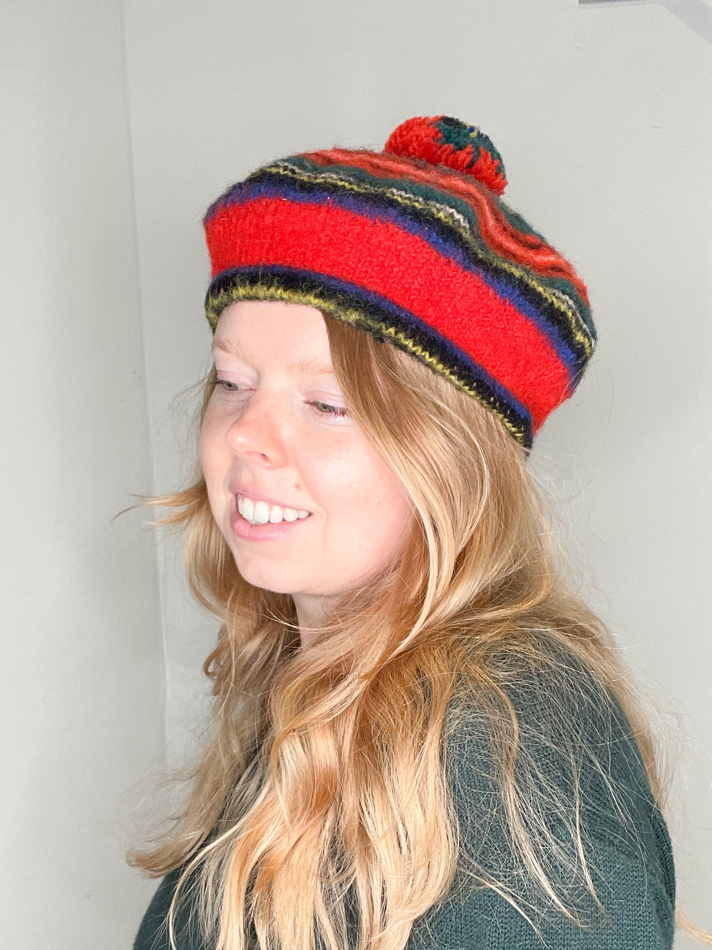 Jaeger Vintage Red Stripe Wool Beret Hat with Pom Pom