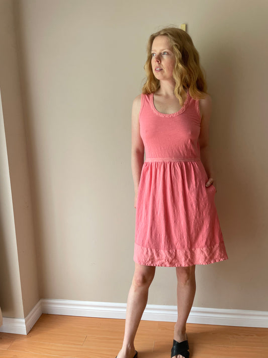 J. Crew Coral Pink 100% Cotton Fit & Flare Dress with Linen Trim – Size XS