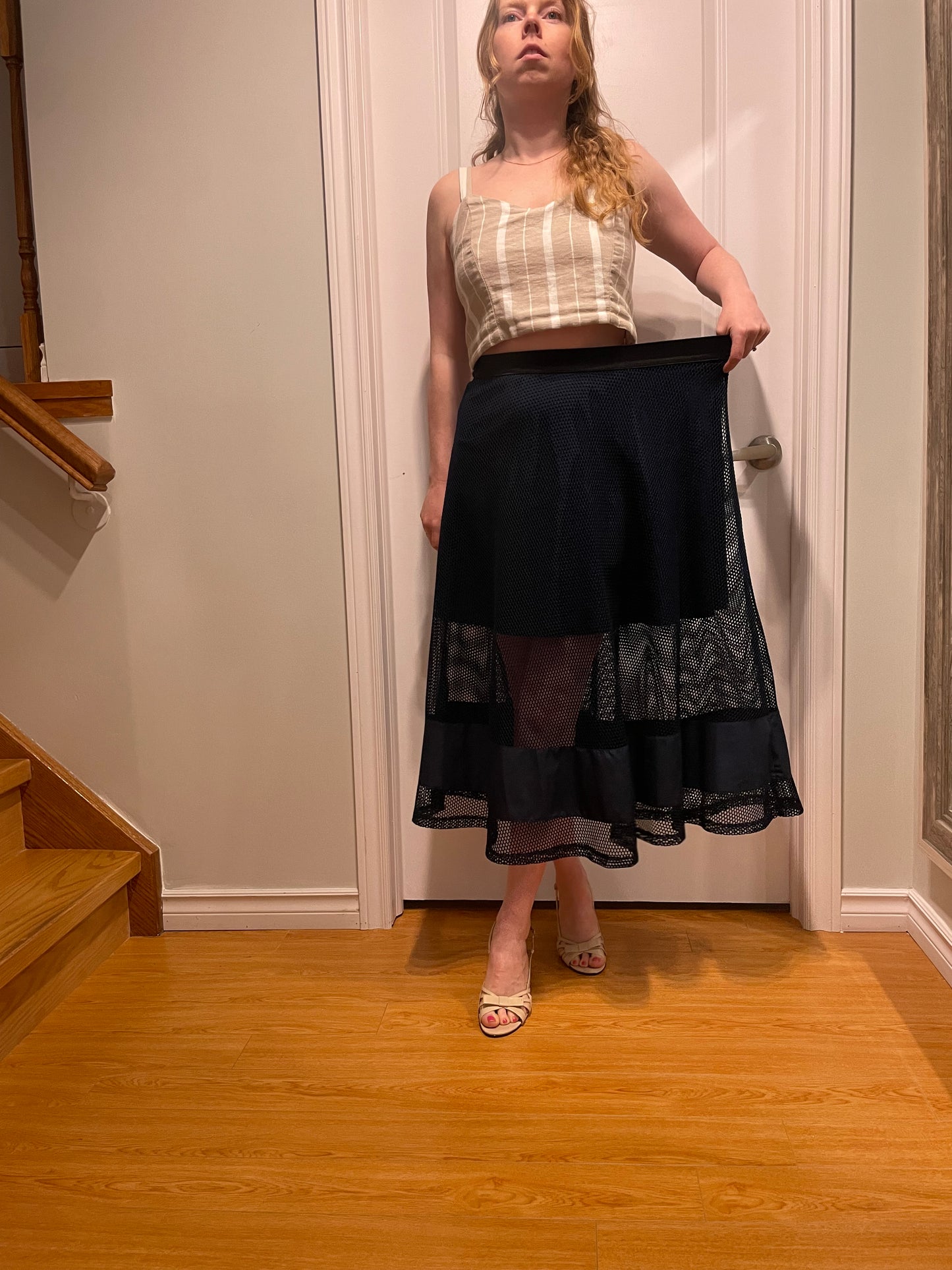 OAK + FORT – Navy Mesh A-Line Midi Skirt – Fits XS/S