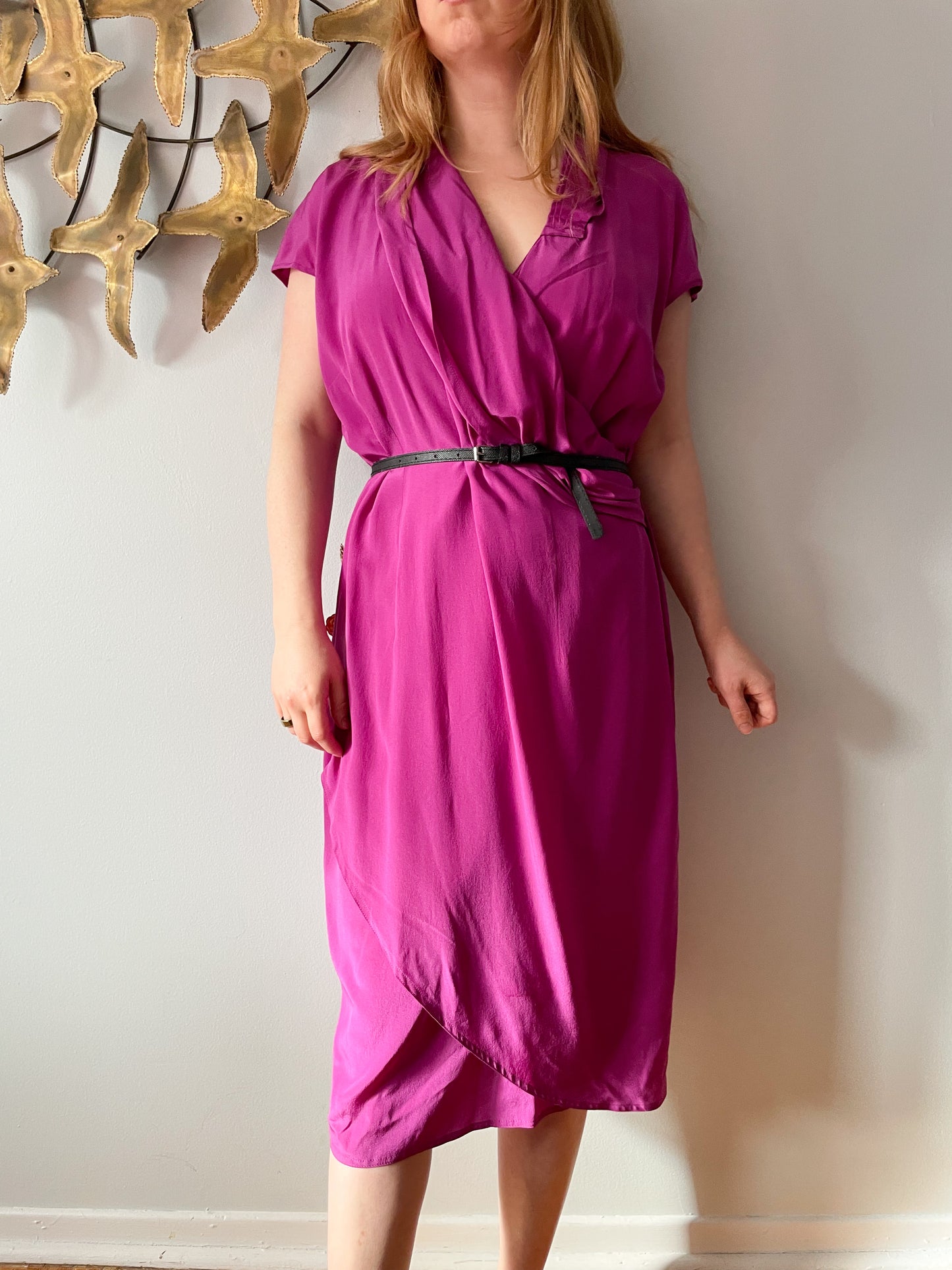 Chére Marie Magenta Wrap Style Silk Midi Dress NWT - L/XL