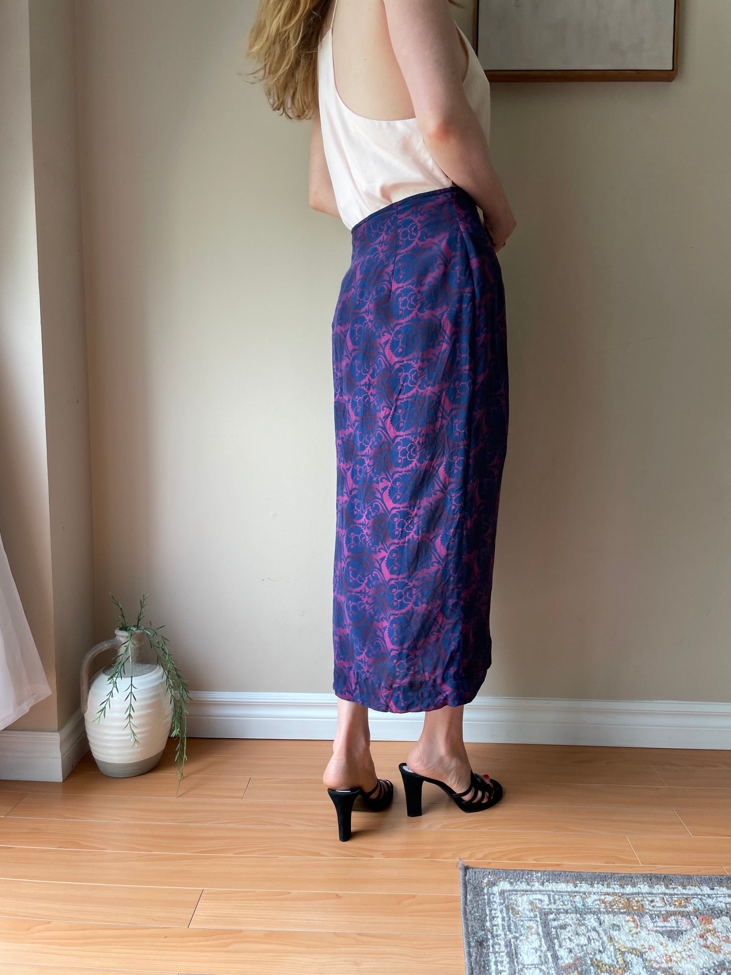 Vintage Rena Rowan 100% Silk Magenta & Navy Wrap Skirt – Small