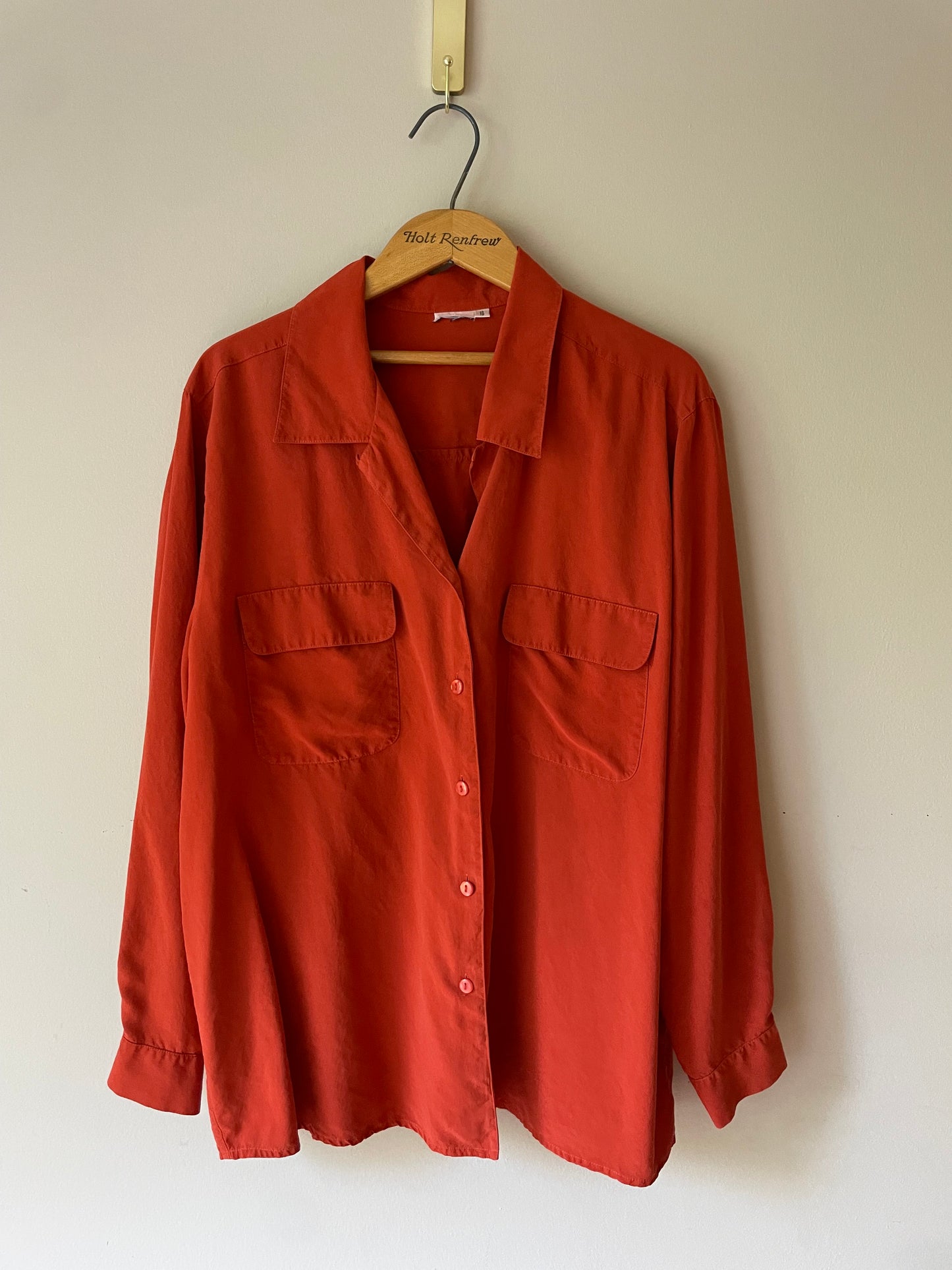 Rust Red 100% Silk Button-Up Blouse – Size 16