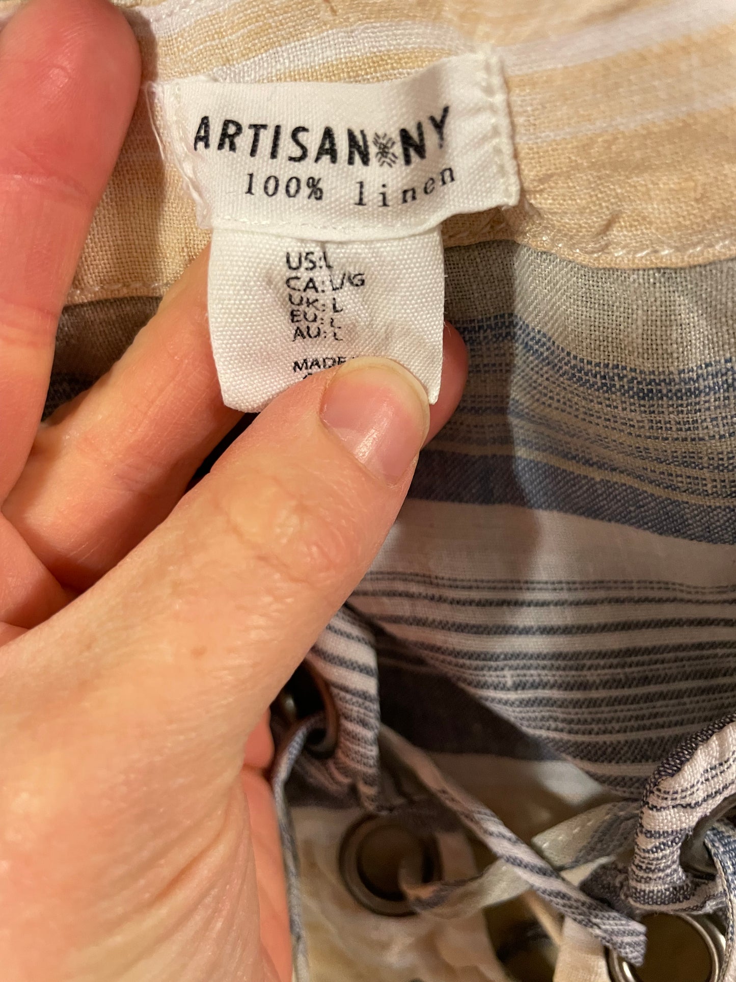 Artisan NY 100% Linen Lace-Up Striped Top – Size Large