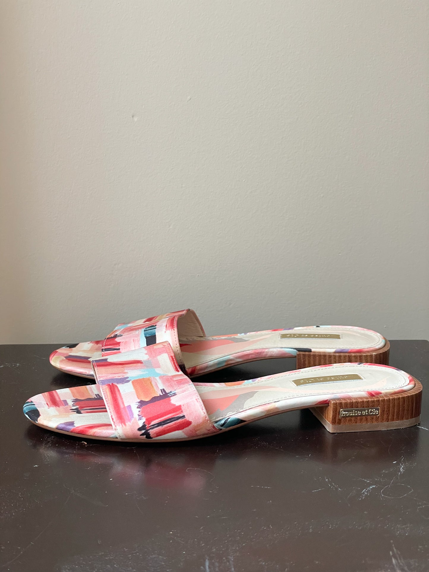 Louise et Cie sandals, satin summer slides, colourful block heel shoes, artistic print sandals, wedding guest shoes, satin vacation sandals, painterly open toe slides, size 7.5 stylish sandals