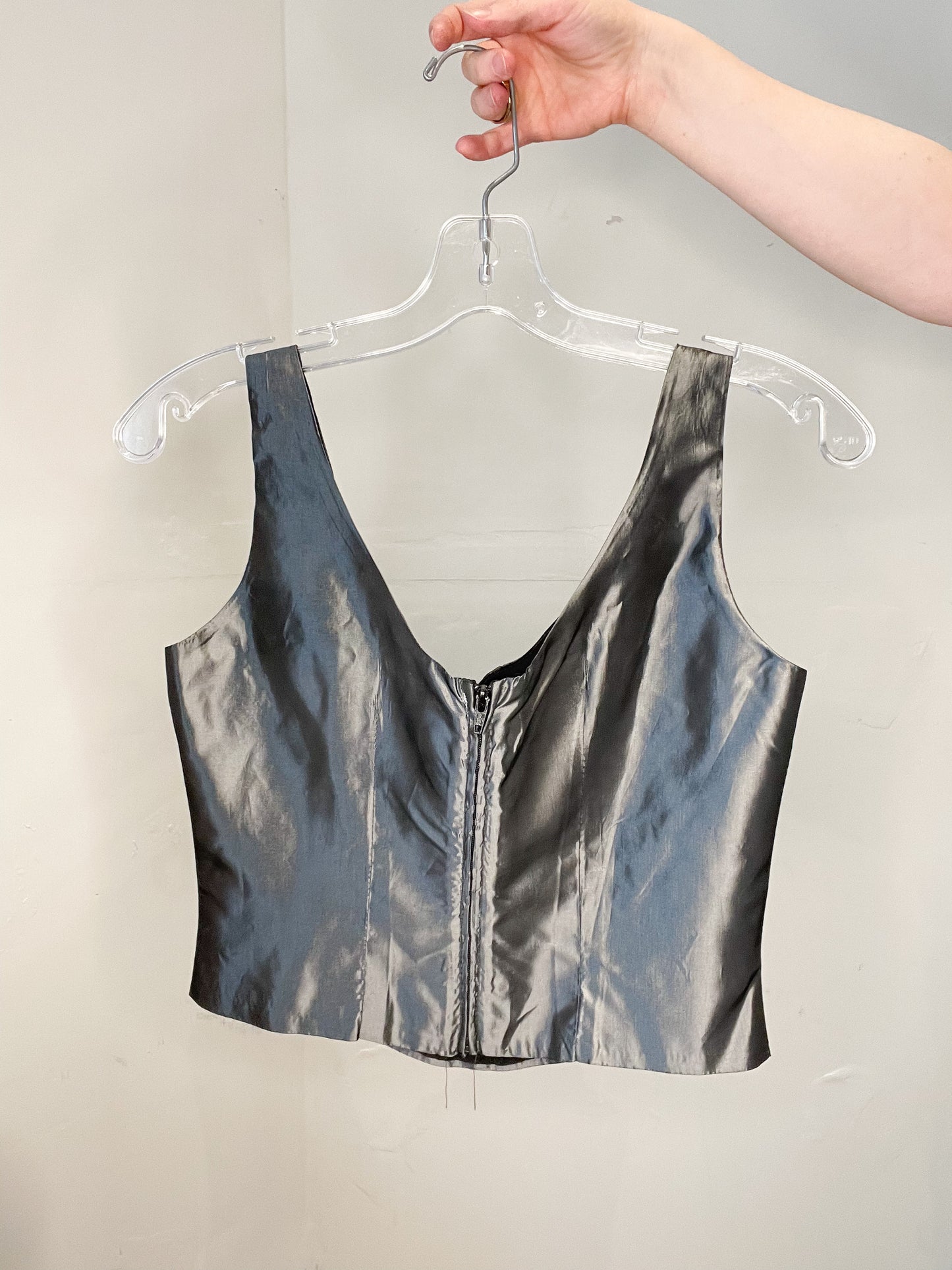 Vintage 90's Silver Satin Cropped Corset Top - Small