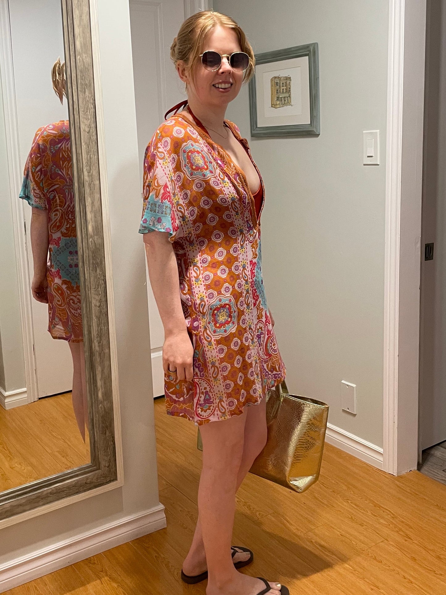 bebe Tangerine Multicolour 100% Silk Boho Paisley Deep V Tunic Dress – Size Medium (NWT)
