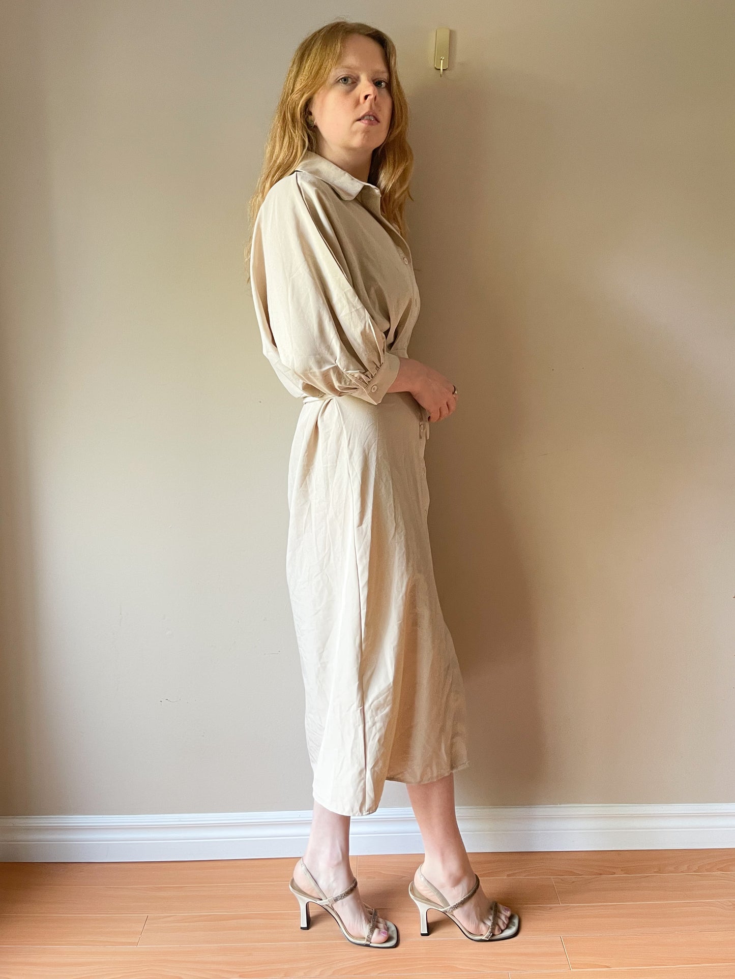 A & H.M Beige Button Front Collared Midi Dress - Small