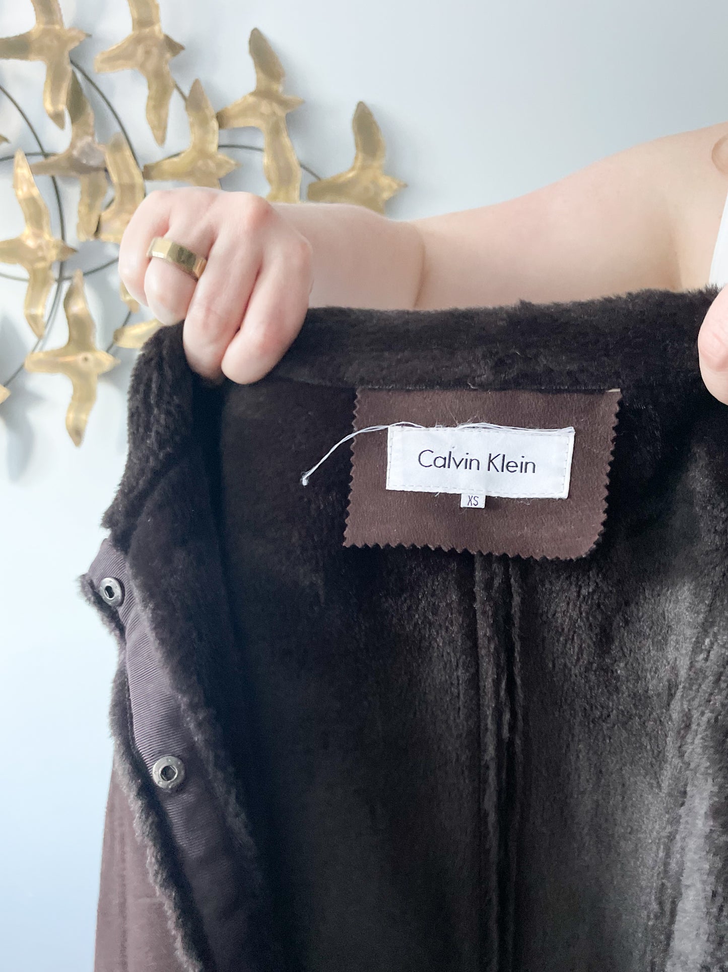 Calvin Klein Brown Shearling Cropped Faux Fur Trimmed Jacket - XS