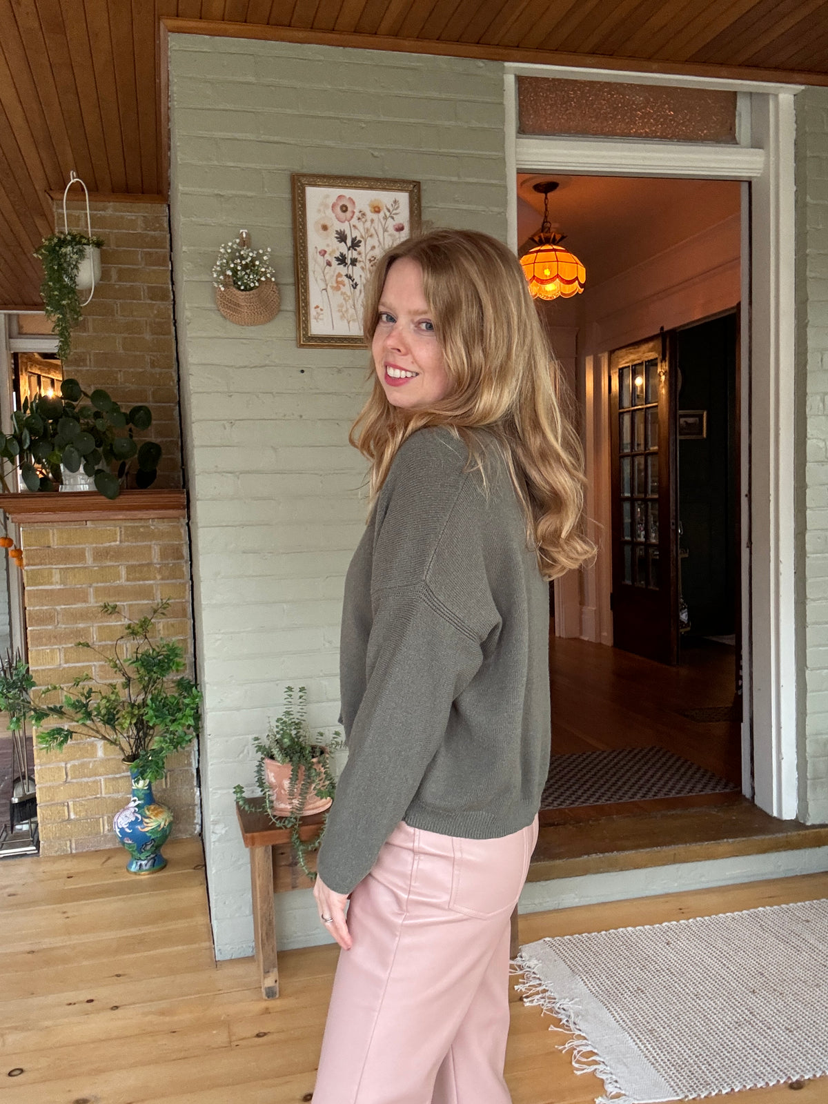 Olive Green Oversized V-Neck Soft Knit Sweater - XL
