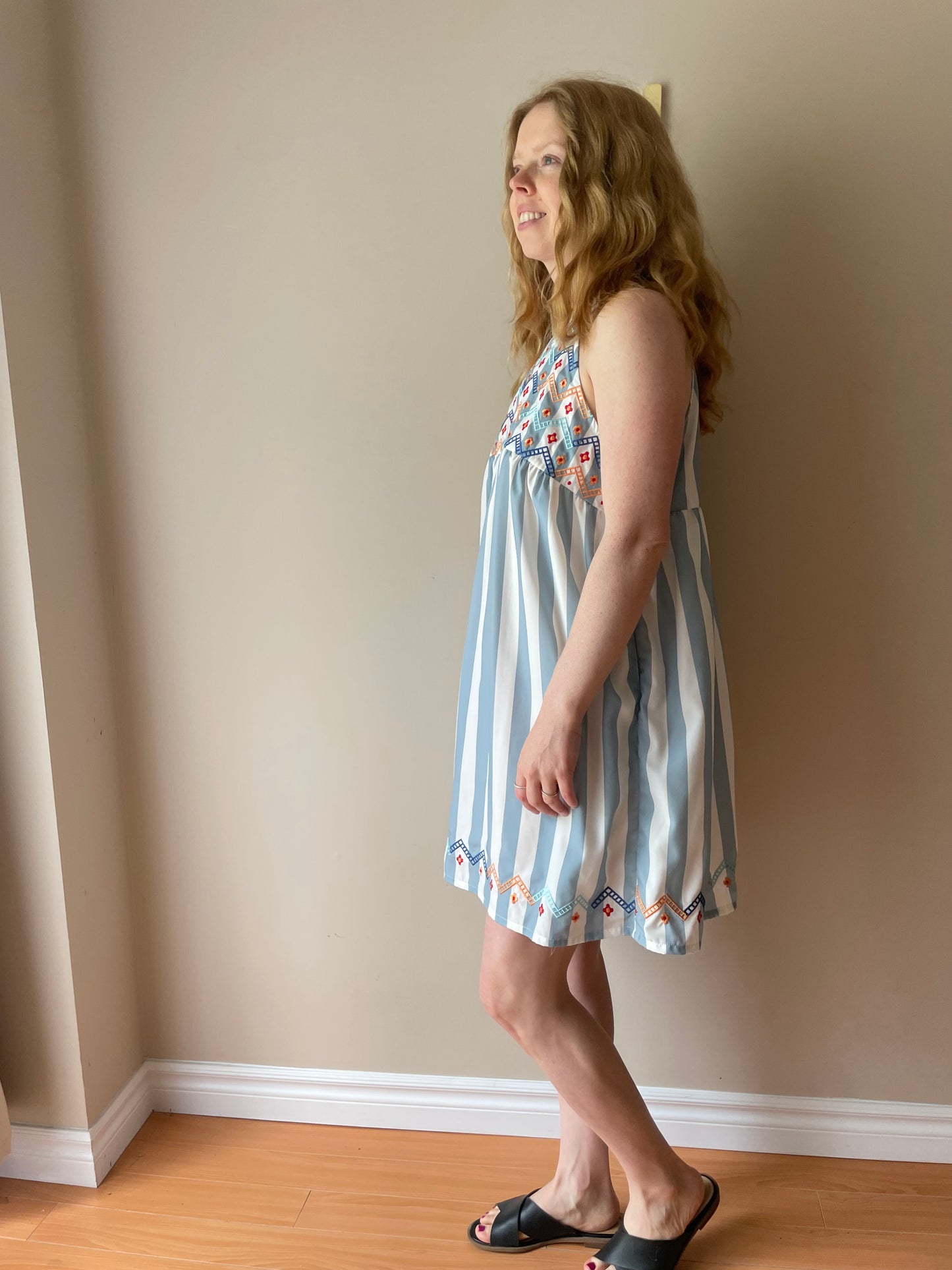 Belinda Baby Blue & White Striped Embroidered Sleeveless Dress – Size Medium