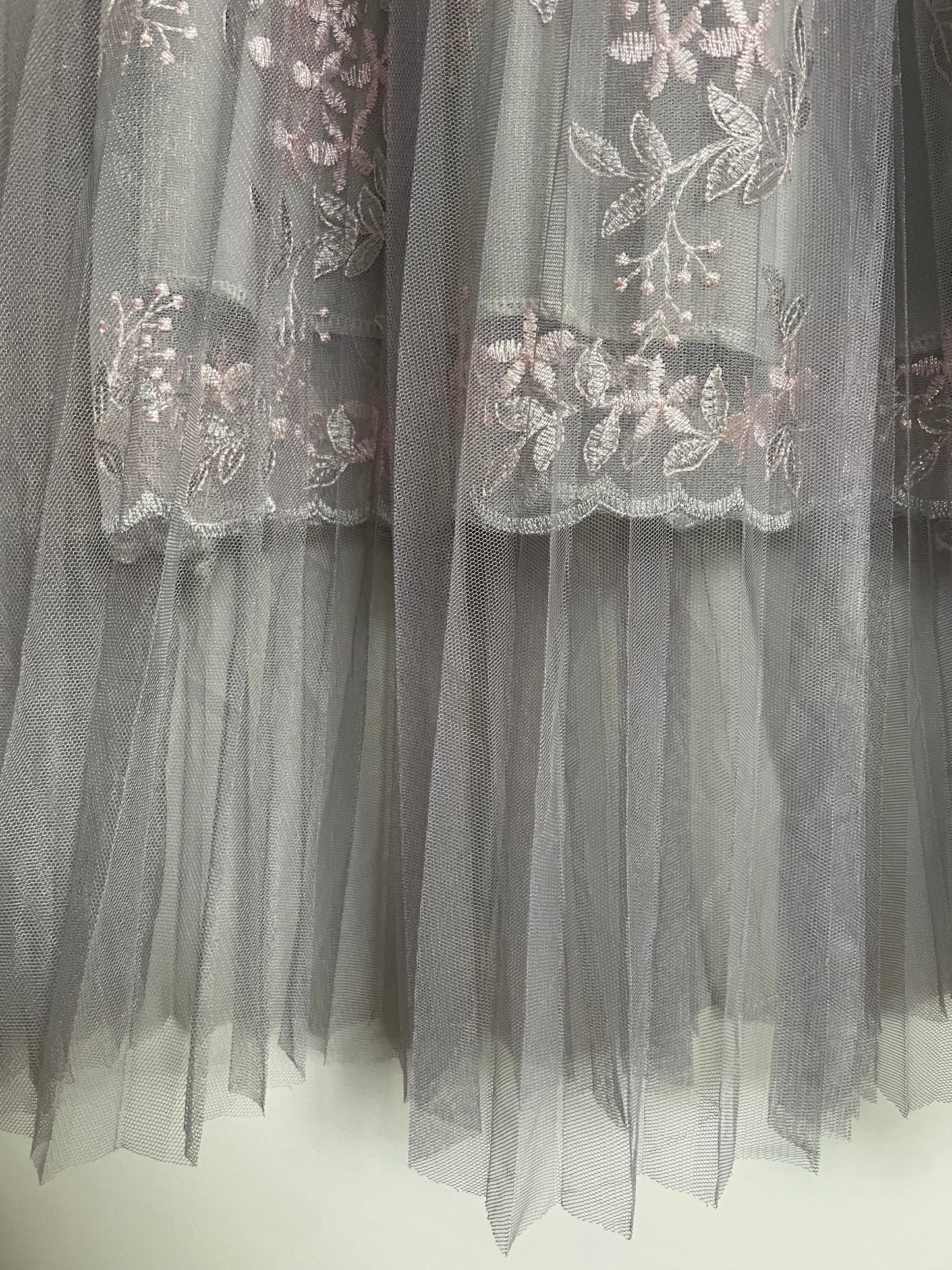 Grey Pink Floral Embroidered Tulle Midi Skirt - XXS/XS