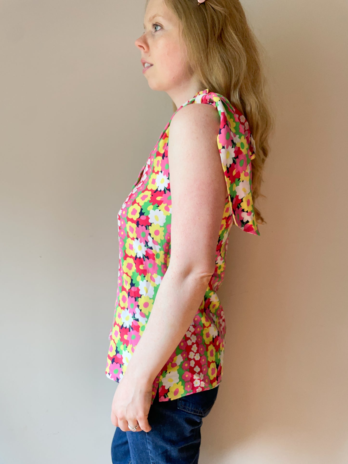 Lily Pulitzer Red Retro Floral Silk One Shoulder Bow Top - Size 8
