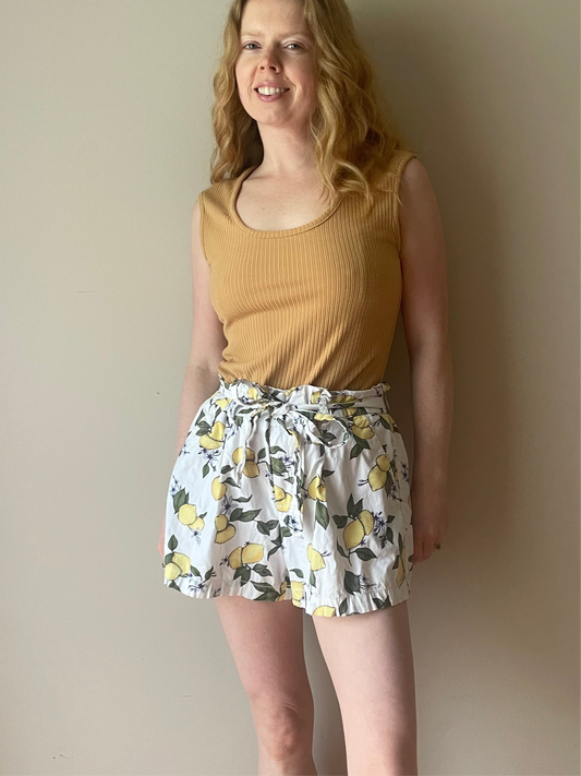 Lemon Print White Cotton Paper Bag Shorts - Size 10