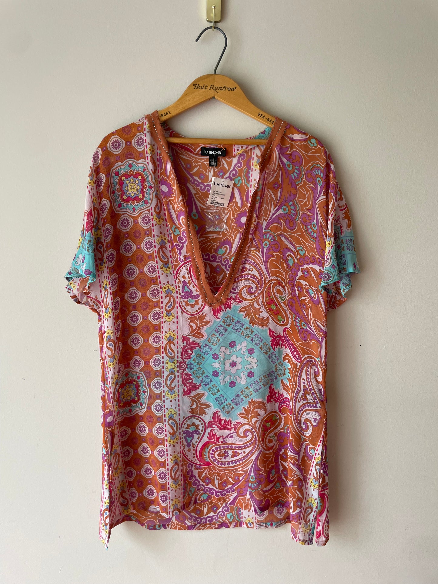 bebe Tangerine Multicolour 100% Silk Boho Paisley Deep V Tunic Dress – Size Medium (NWT)