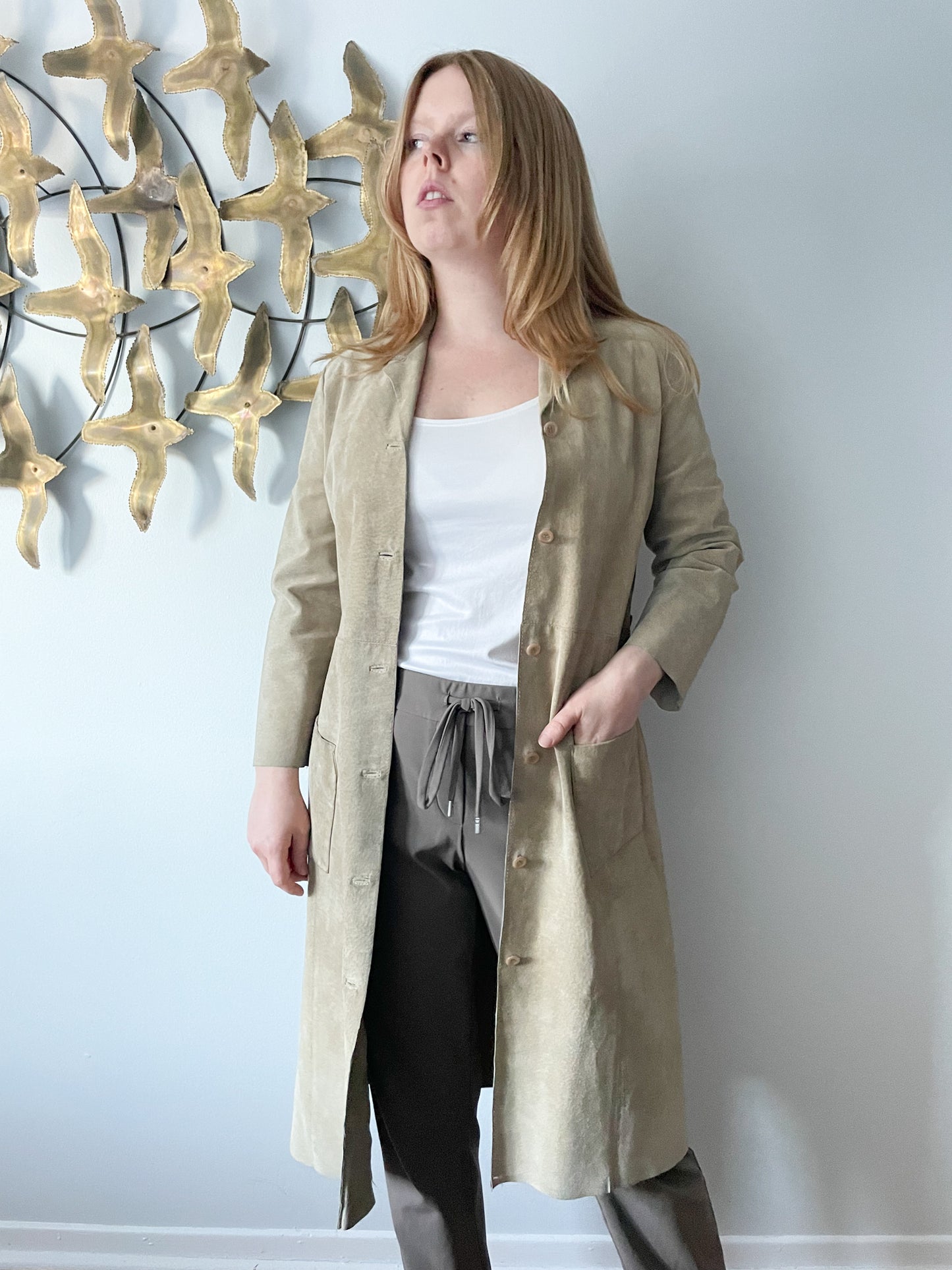 Claudie Pierlot Beige Genuine Suede Mid Length Straight Coat - Small