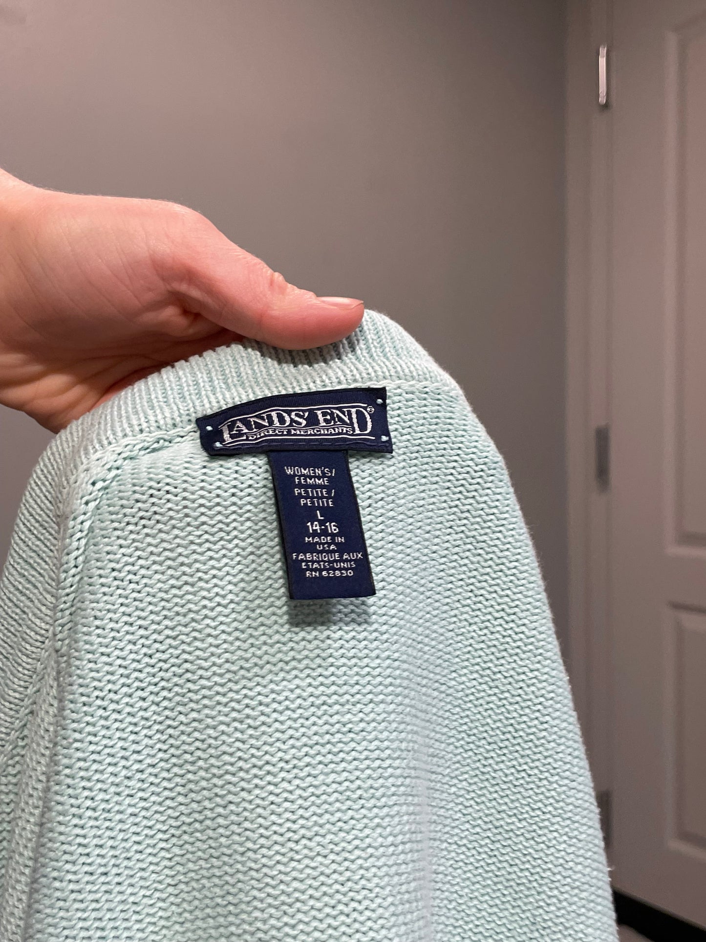Lands’ End Mint Green Cotton Collared Cardigan – Petite Large (14–16)