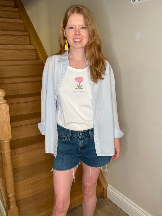 DKNY Light Blue Pinstripe Pearl Trimmed 100% Cotton Button Down Oxford Top - S/M