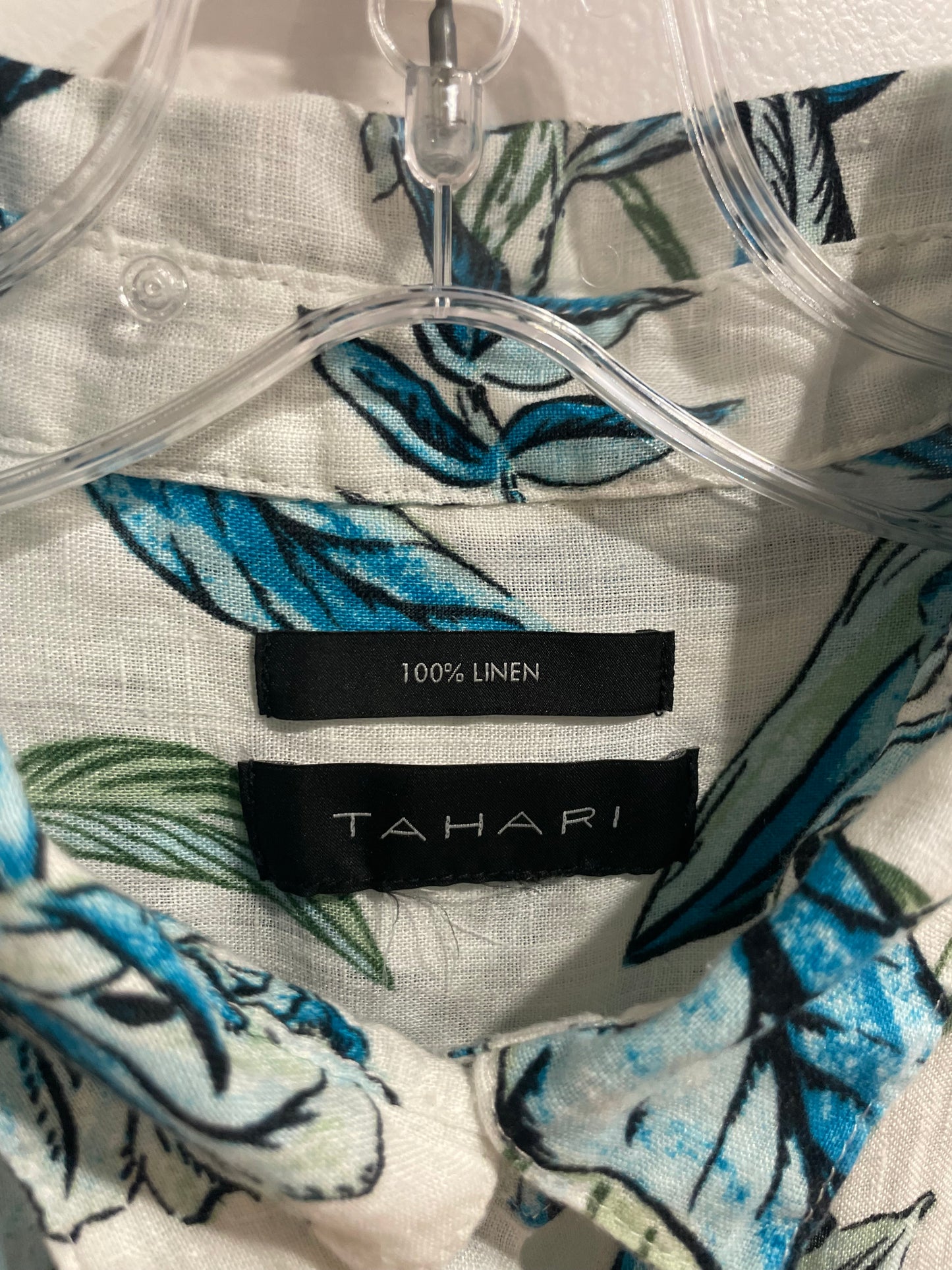 Tahari Blue Botanical Linen Short Sleeve Shirt - Large