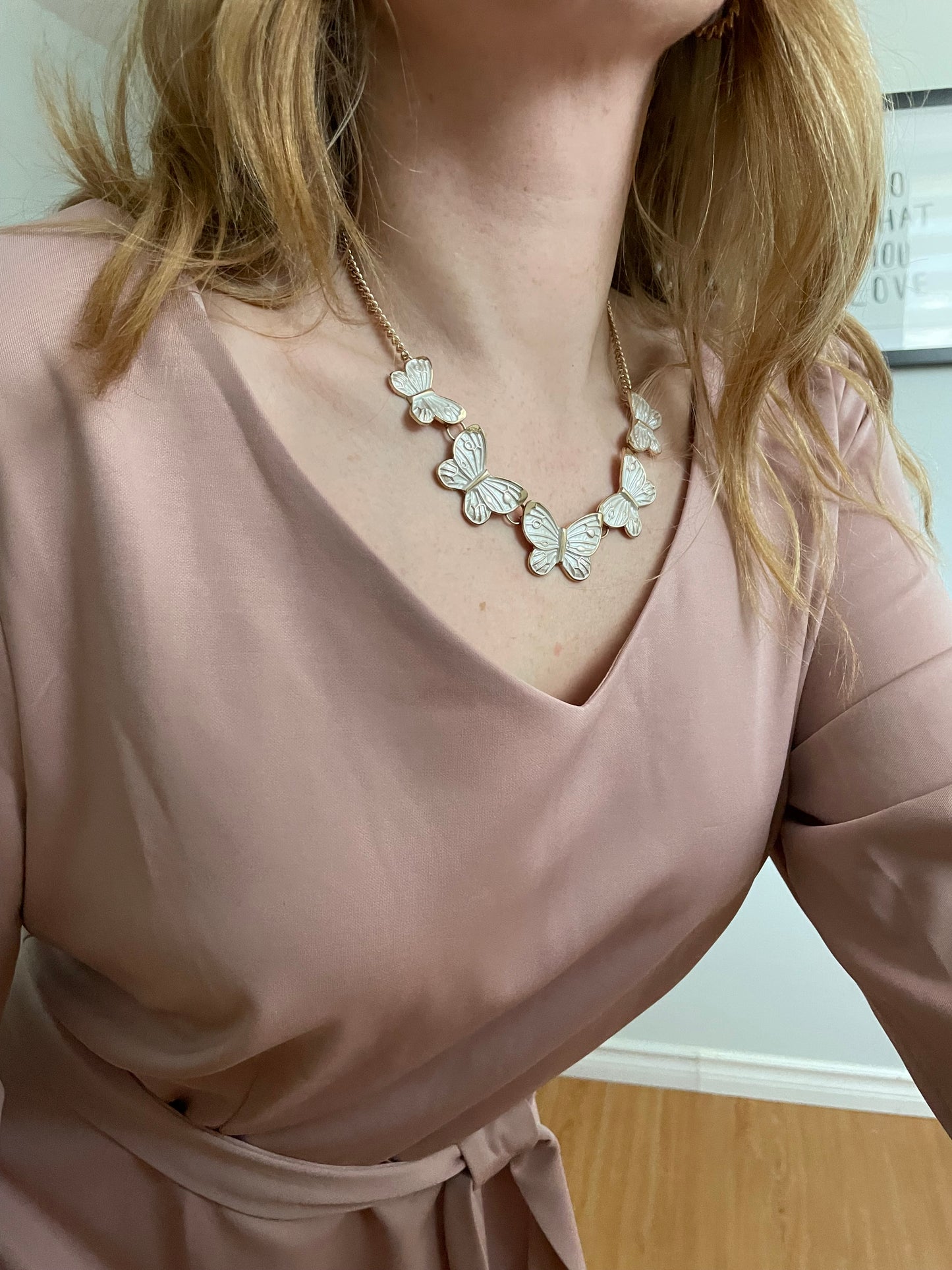 White Butterfly Statement Necklace - Gold-Tone Chain & Mother-of-Pearl Finish