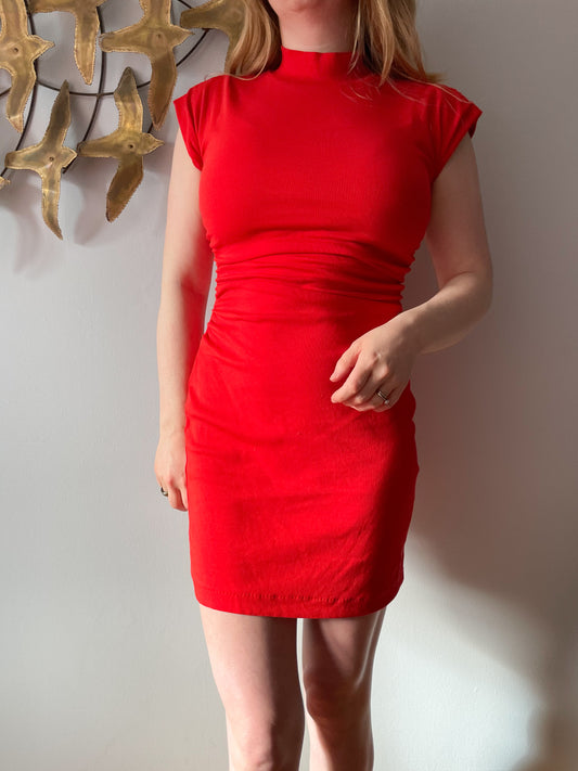 Zara Red High Neck Sleeveless Stretch Rouched Dress - S/M