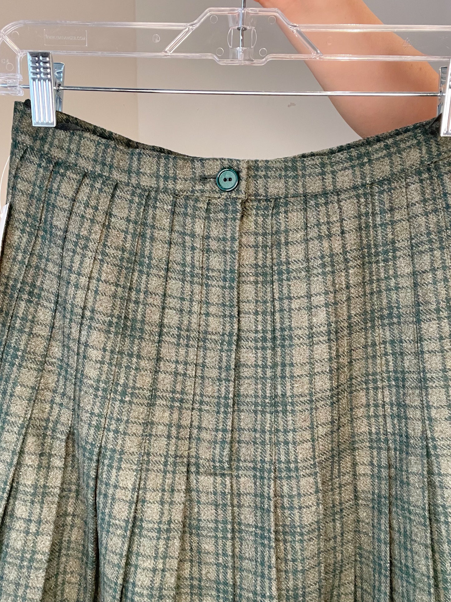Vintage Dark Green Plaid Pleated Wool Midi A-Line Skirt - Small