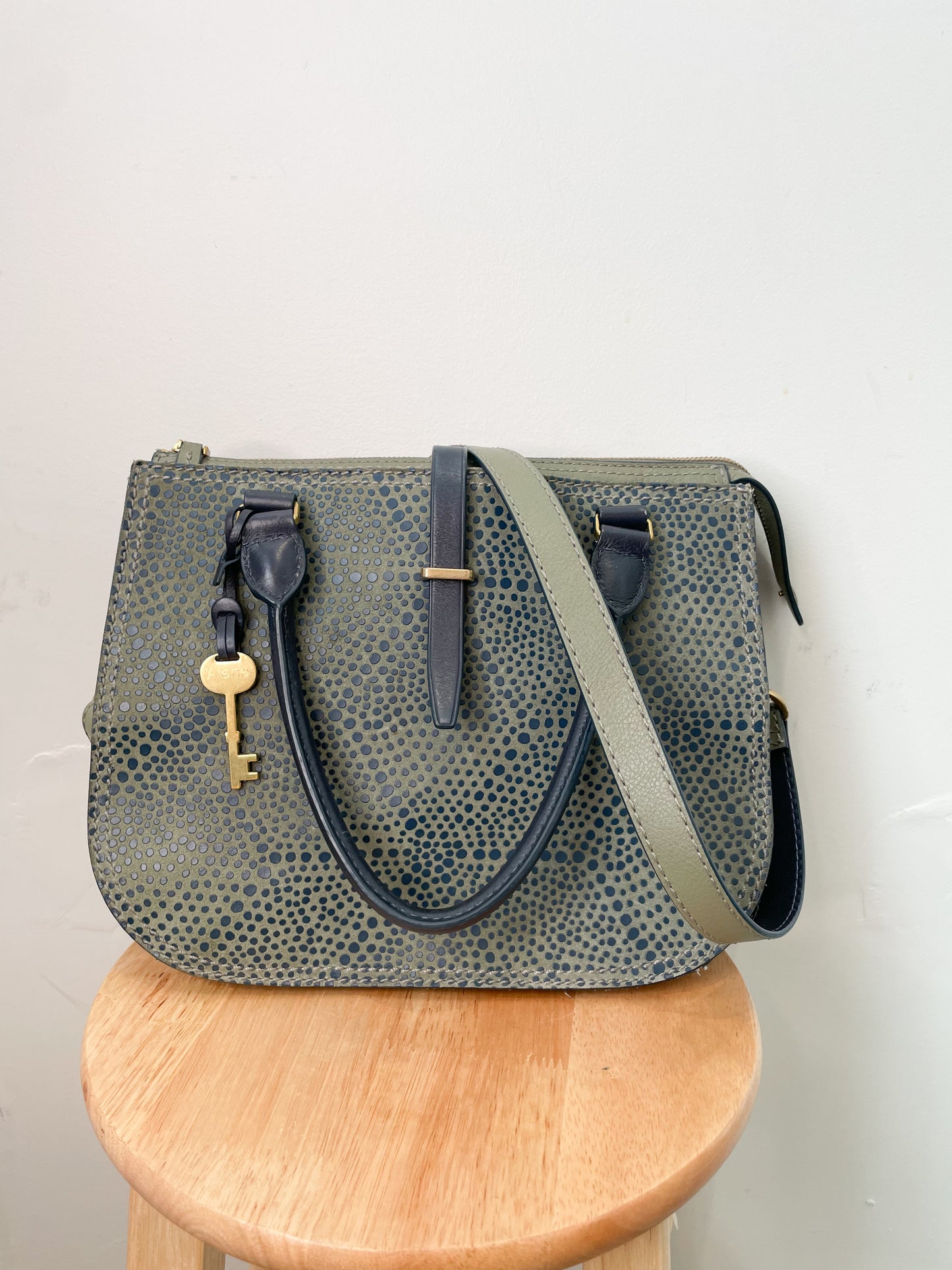 Fossil Olive Navy Dotted Genuine Leather 2-in-1 Satchel Cross Body Bag