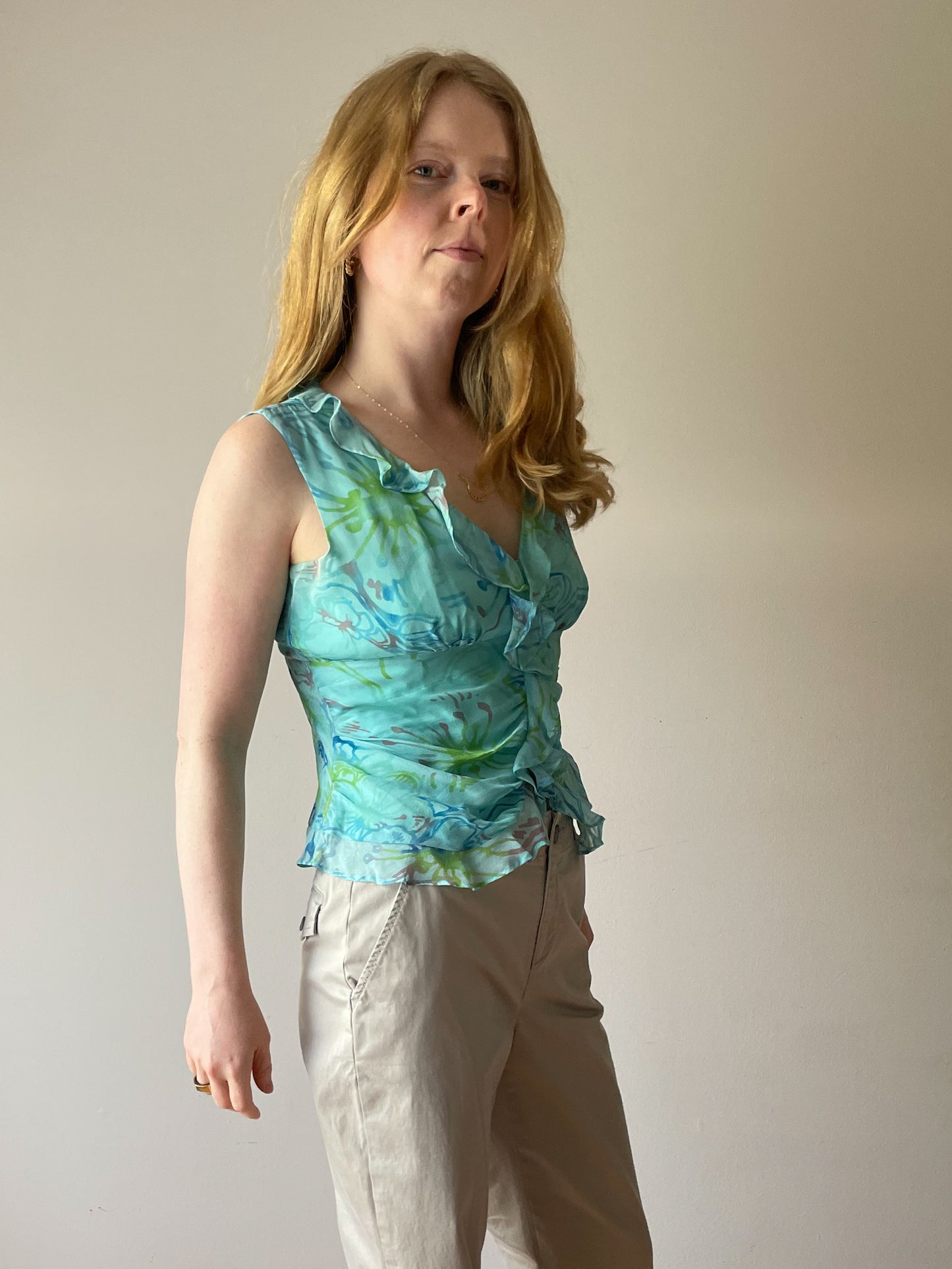 Vintage Turquoise Watercolour Floral 100% Silk Ruffle Top - Small