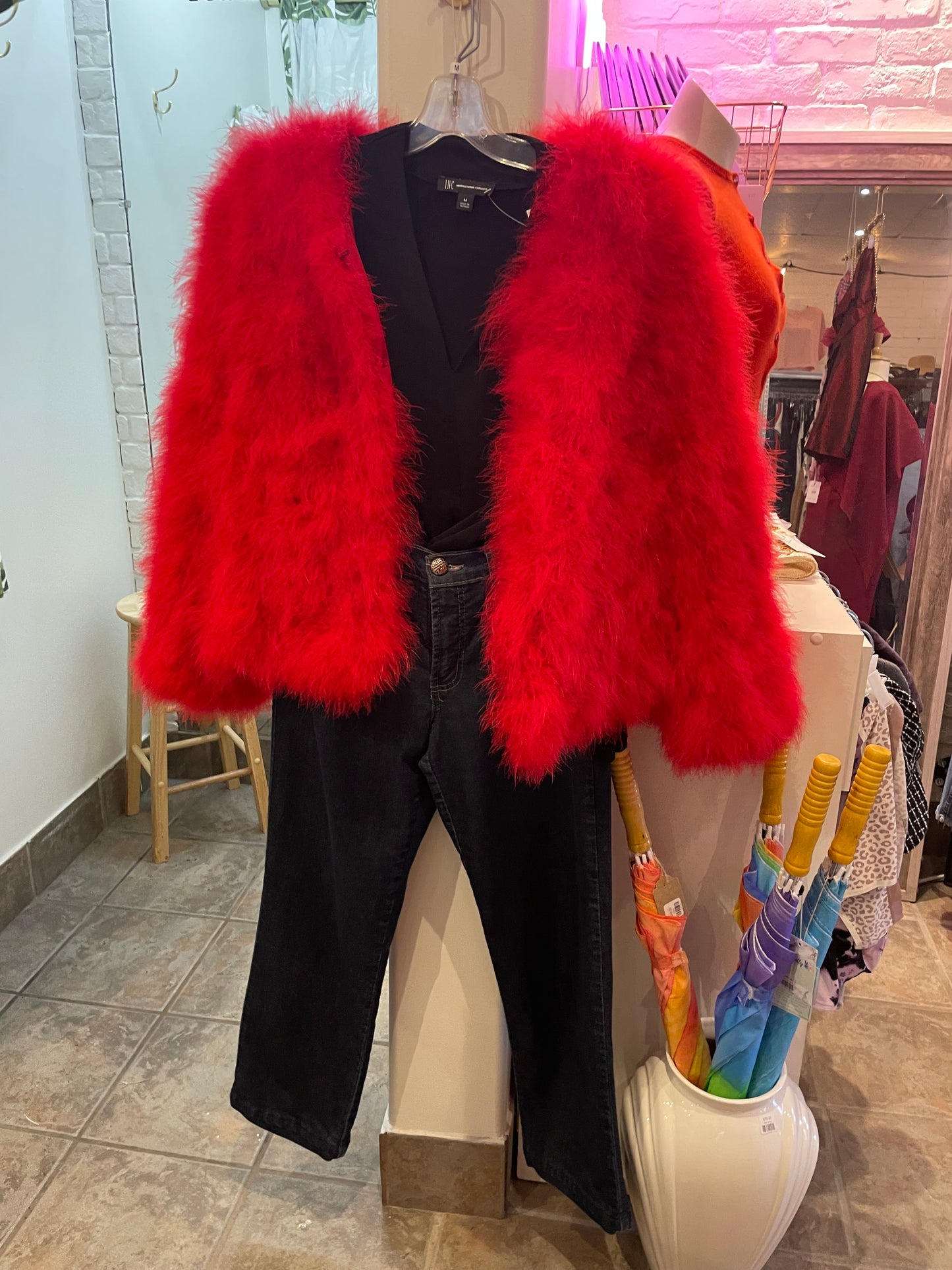 Pello Bello Red Real Feather Fluffy Statement Jacket - Medium (In-Store / Local KW Exclusive)