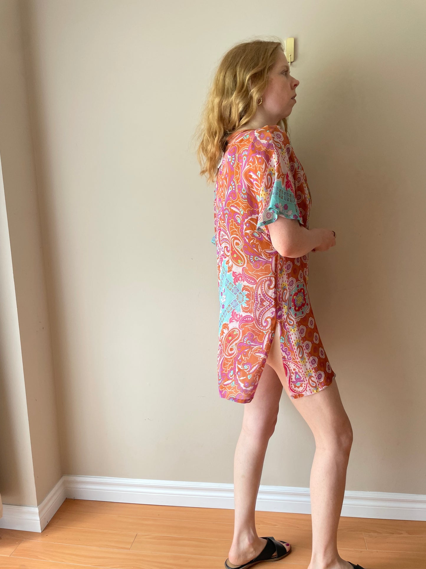 bebe Tangerine Multicolour 100% Silk Boho Paisley Deep V Tunic Dress – Size Medium (NWT)