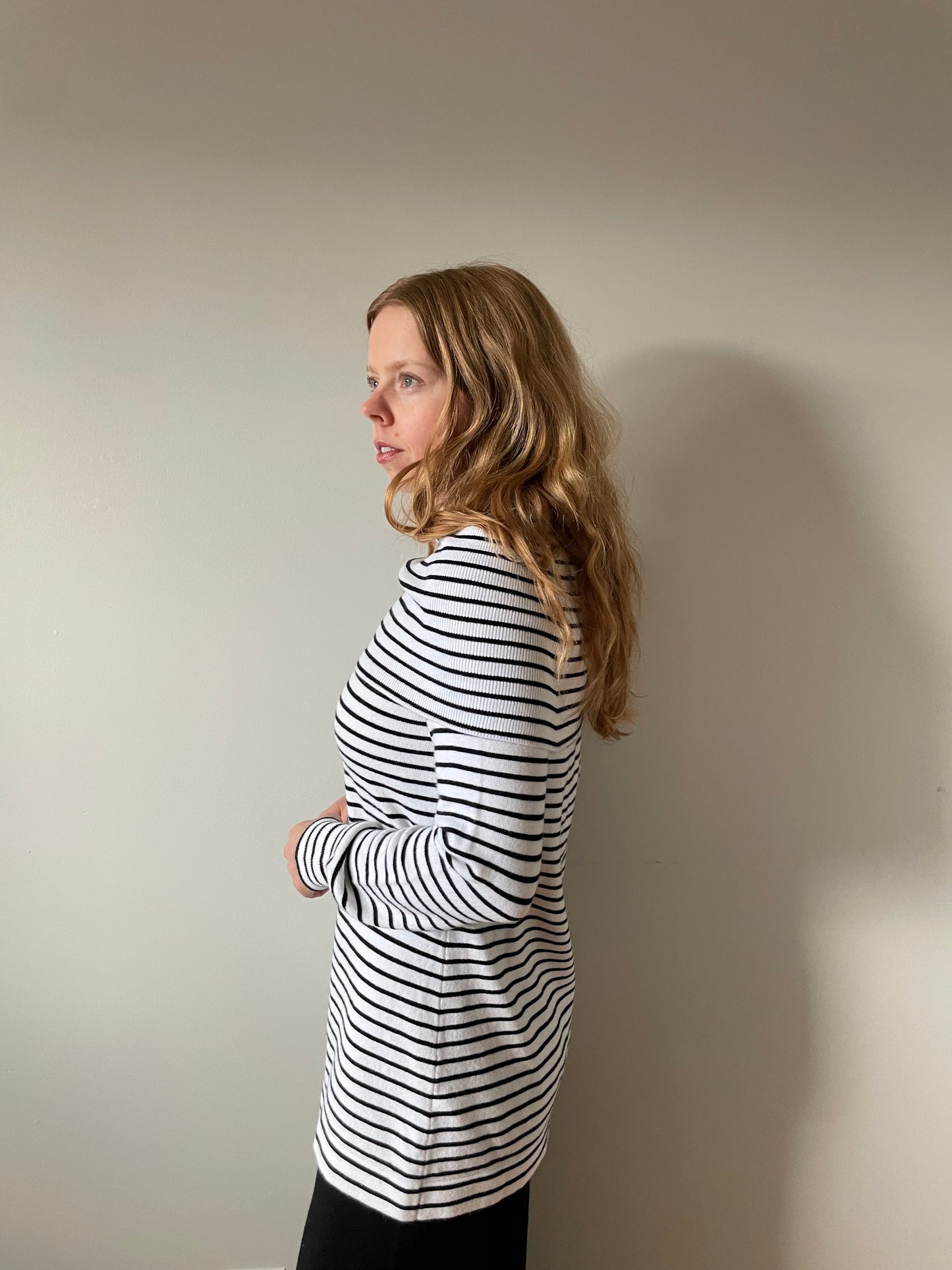 French Connection Black & White Stripe Knit Cowl Neck Sweater – Medium