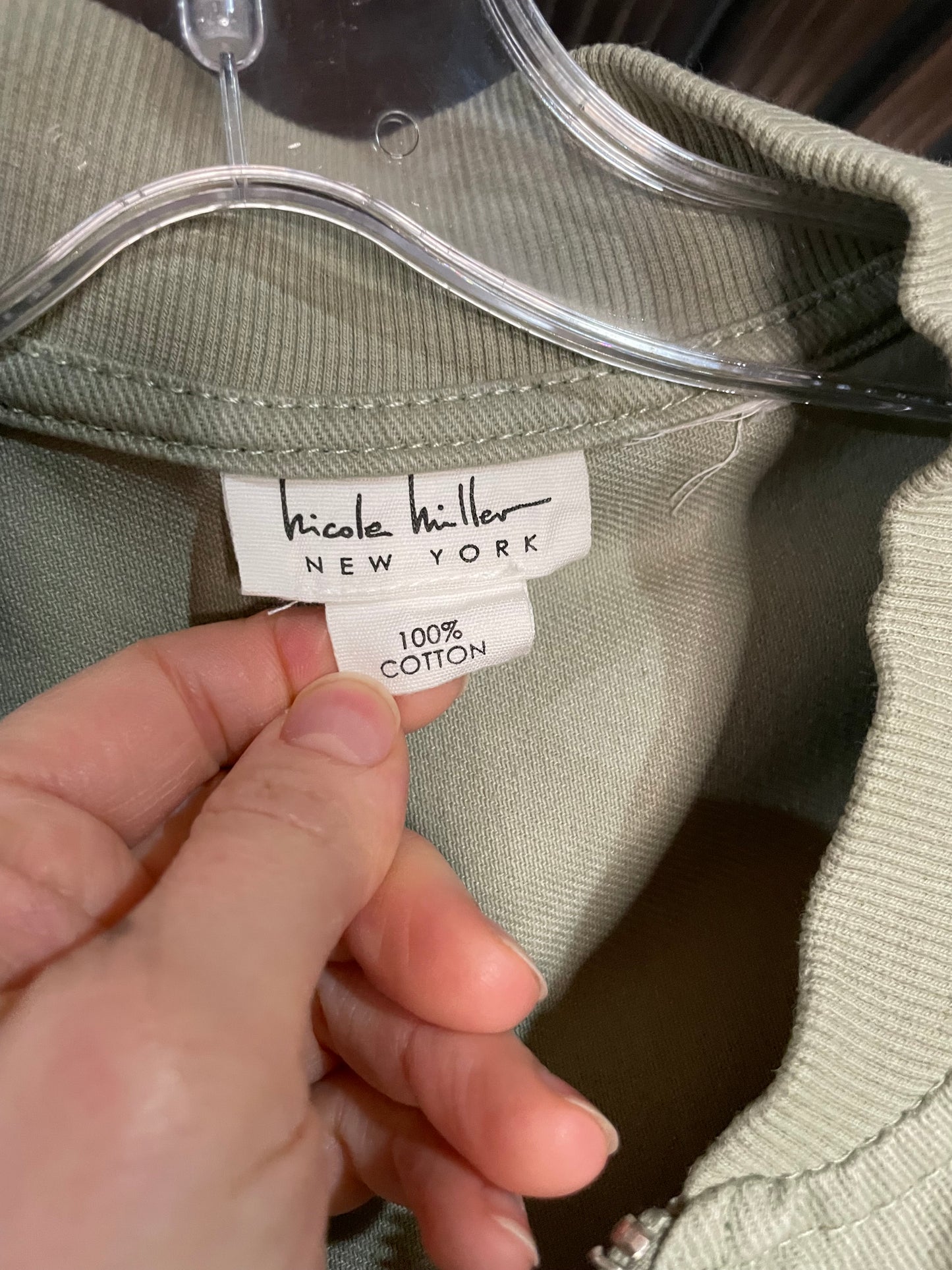 Nicole Miller New York Sage Green 100% Cotton Utility Jacket – Size Large - Le Prix Fashion & Consulting