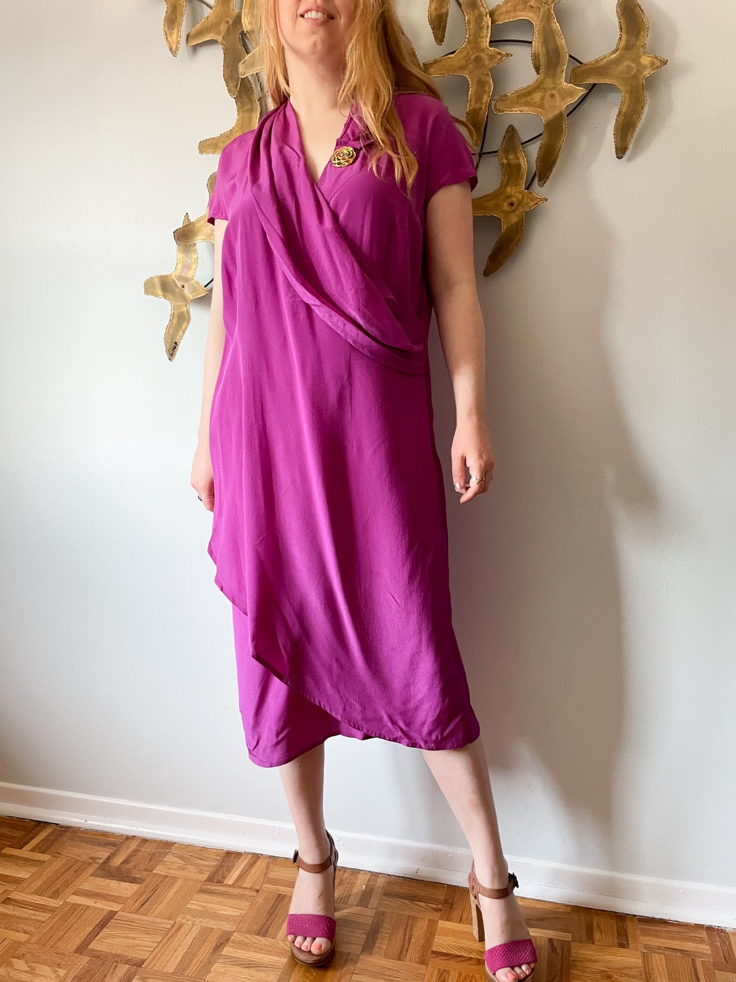 Chére Marie Magenta Wrap Style Silk Midi Dress NWT - L/XL