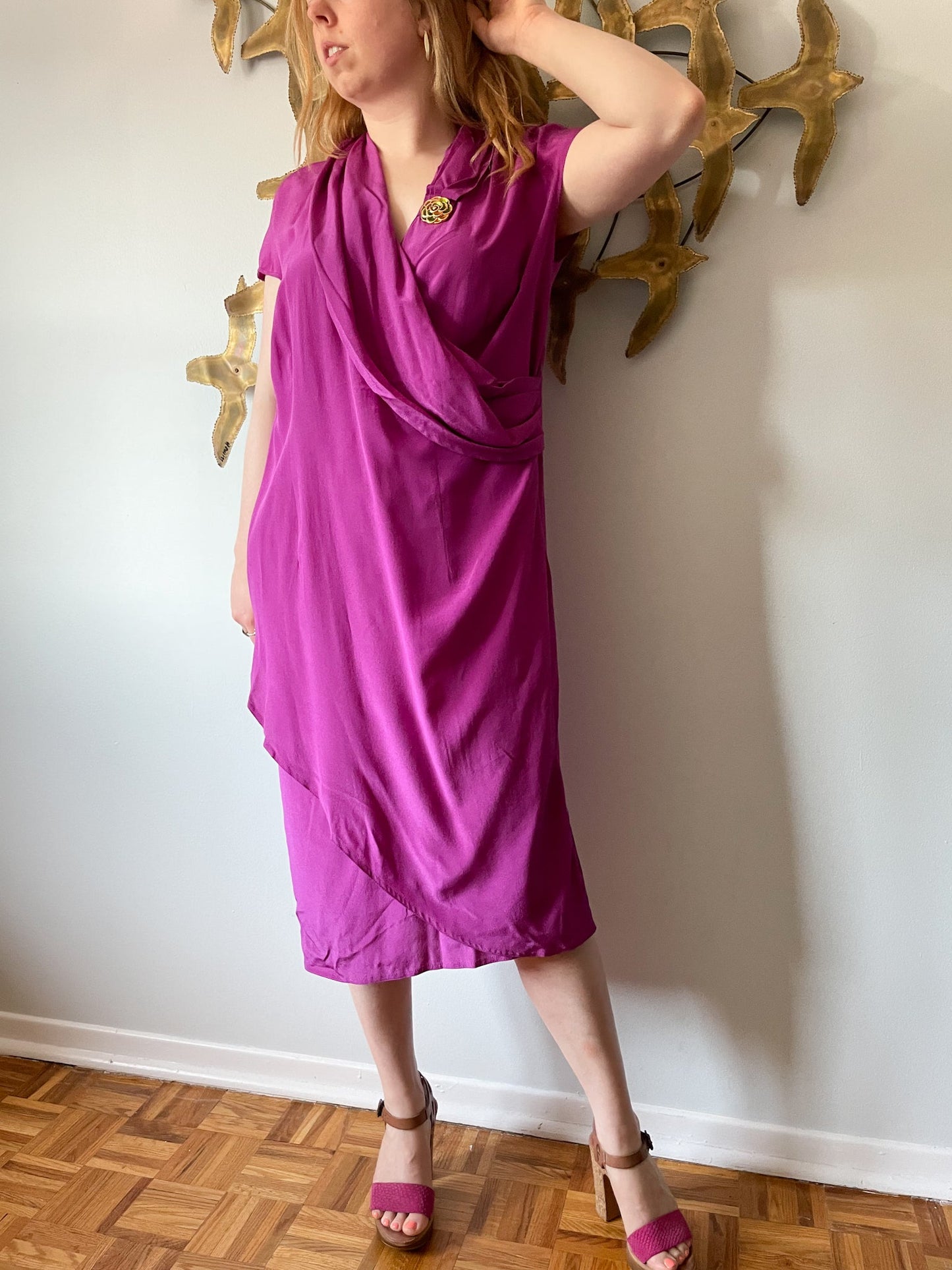 Chére Marie Magenta Wrap Style Silk Midi Dress NWT - L/XL