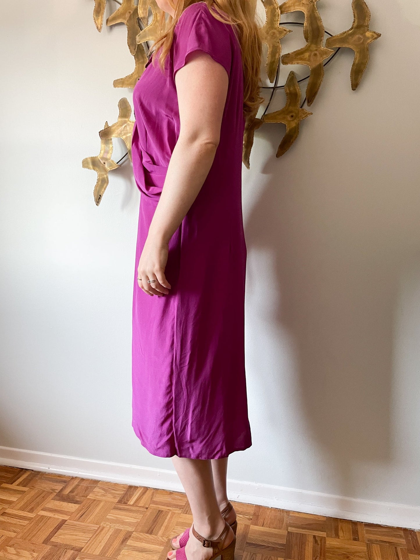 Chére Marie Magenta Wrap Style Silk Midi Dress NWT - L/XL