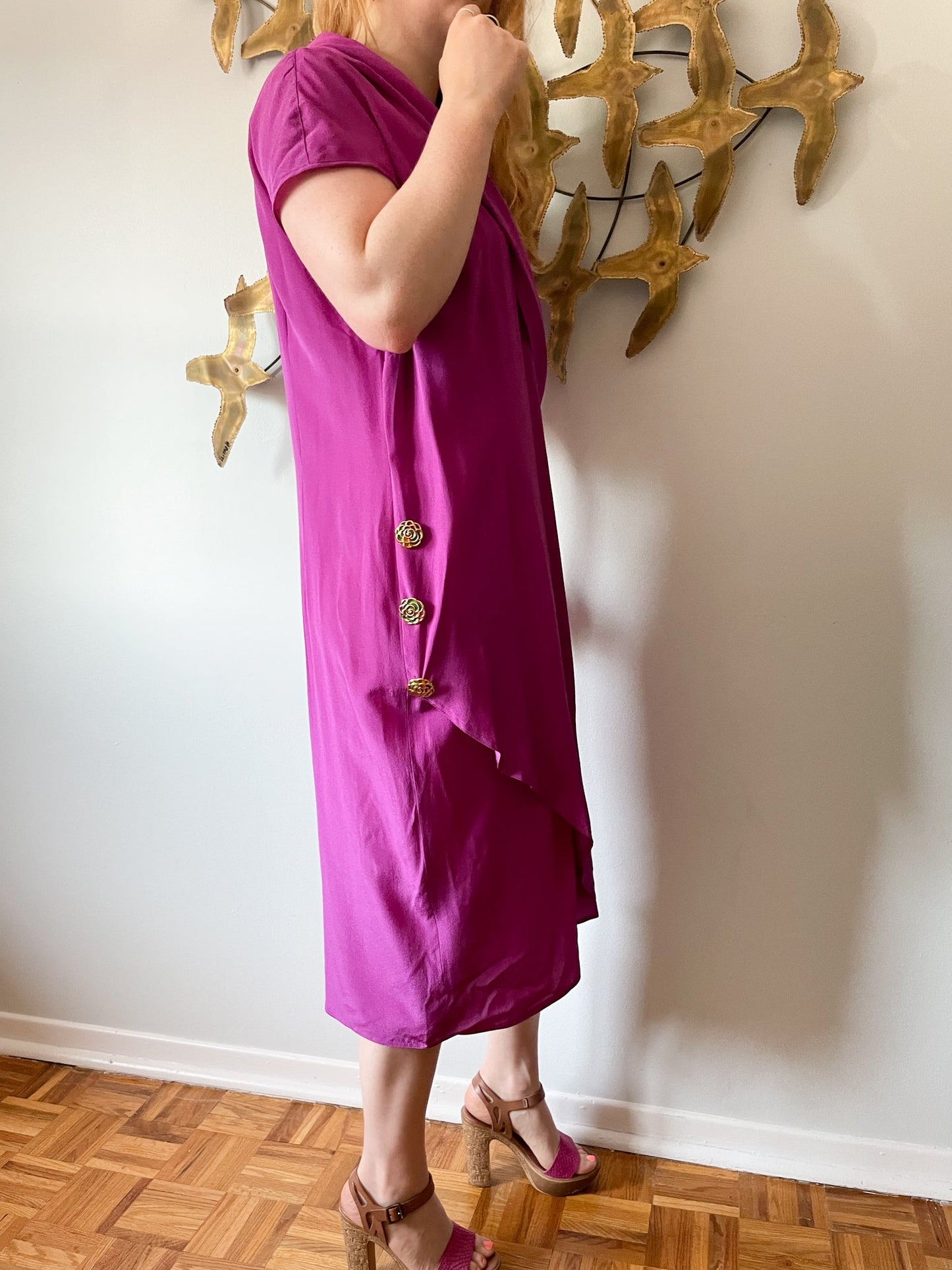 Chére Marie Magenta Wrap Style Silk Midi Dress NWT - L/XL