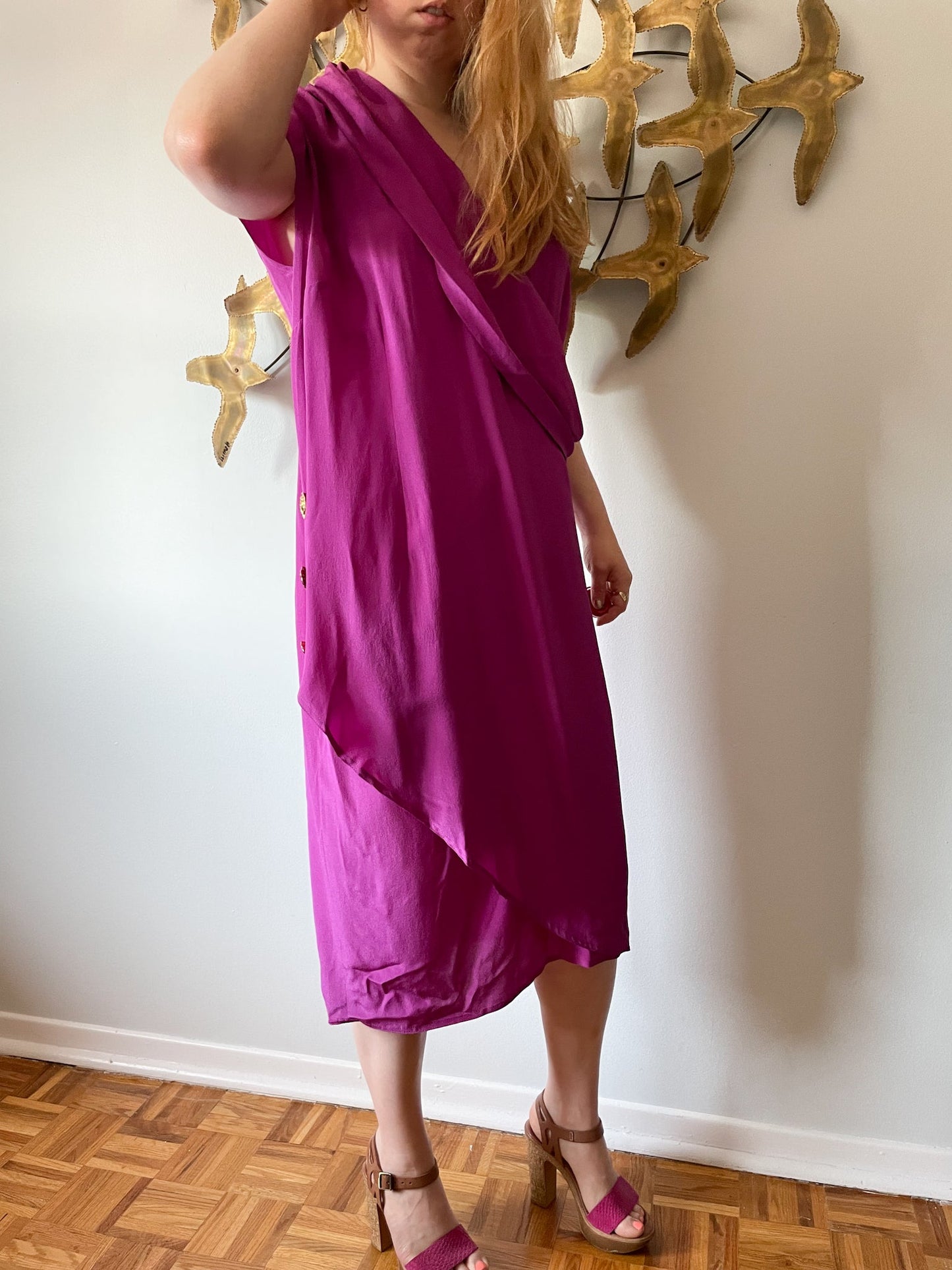 Chére Marie Magenta Wrap Style Silk Midi Dress NWT - L/XL