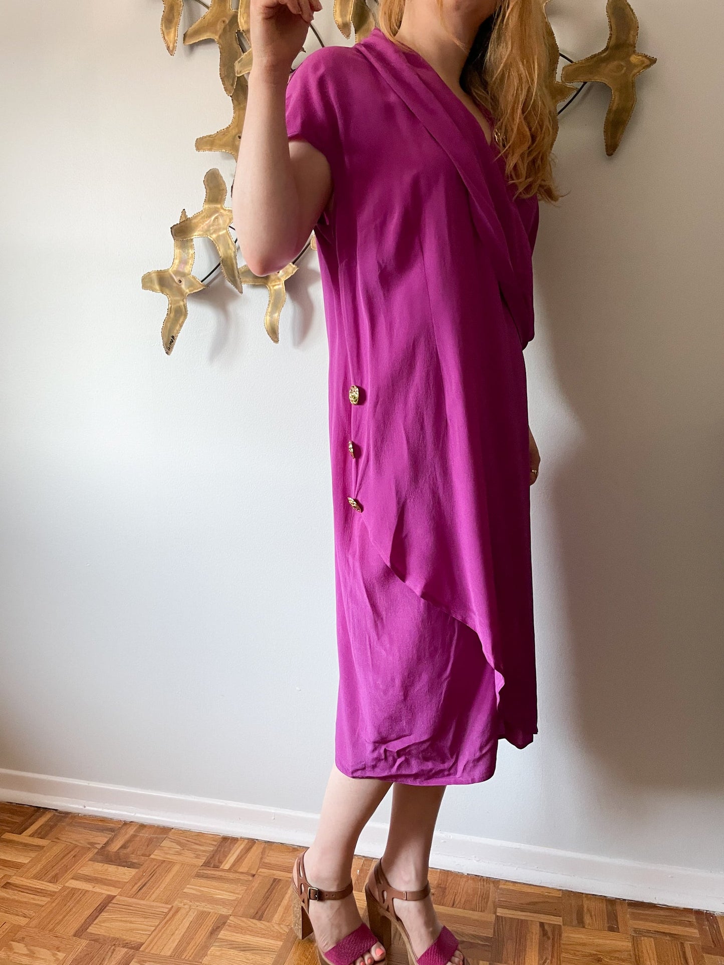 Chére Marie Magenta Wrap Style Silk Midi Dress NWT - L/XL