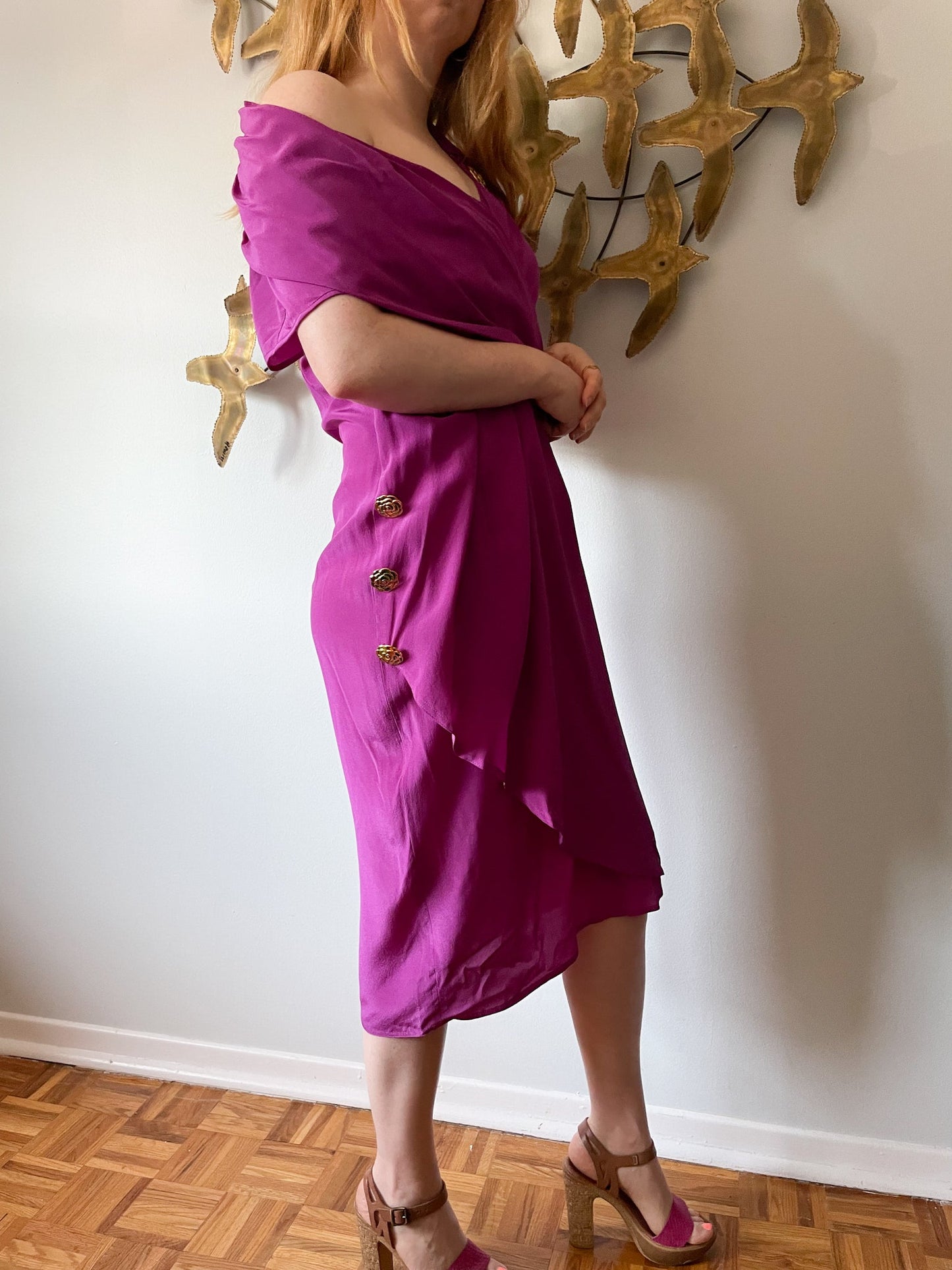 Chére Marie Magenta Wrap Style Silk Midi Dress NWT - L/XL