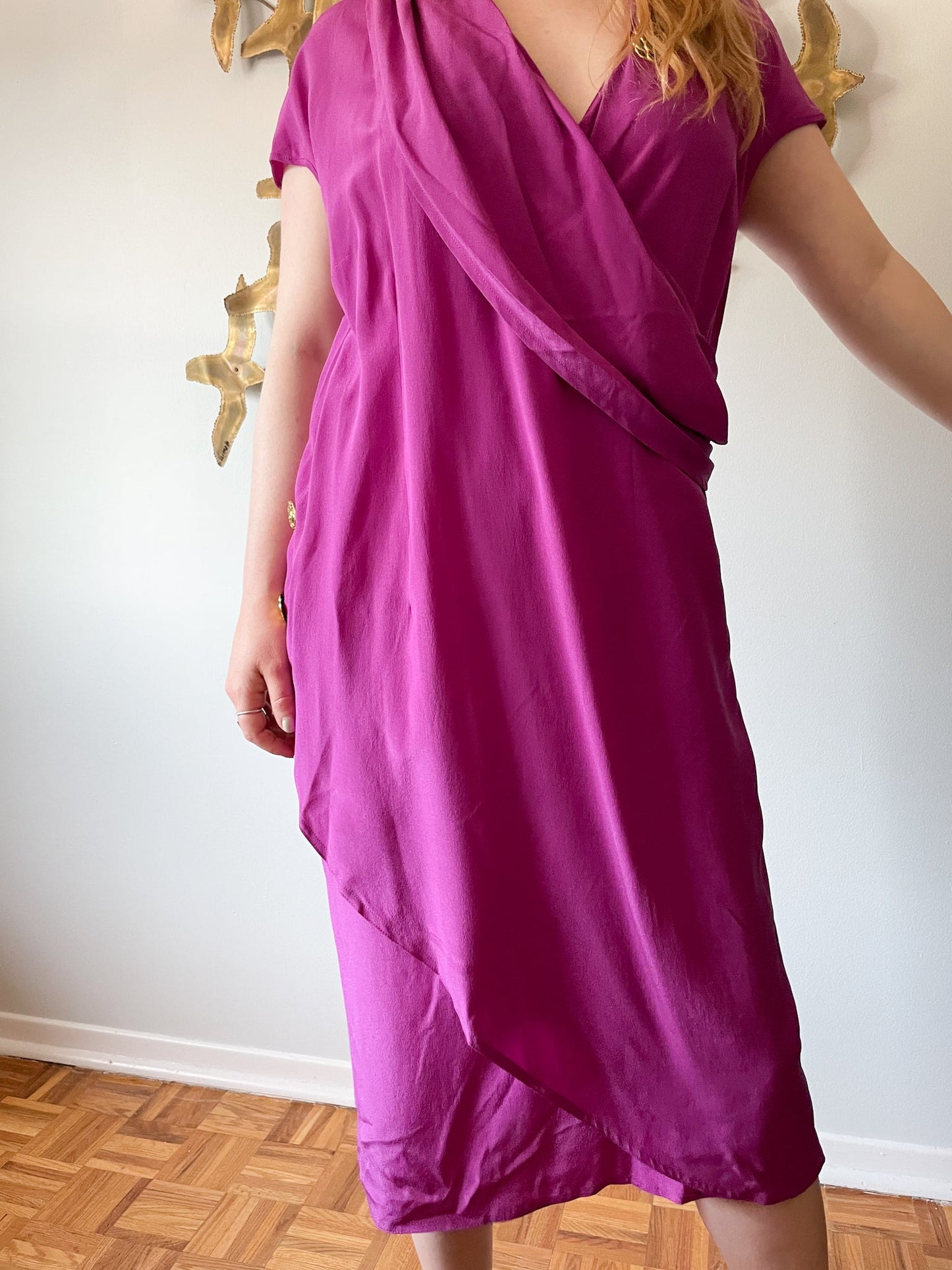 Chére Marie Magenta Wrap Style Silk Midi Dress NWT - L/XL