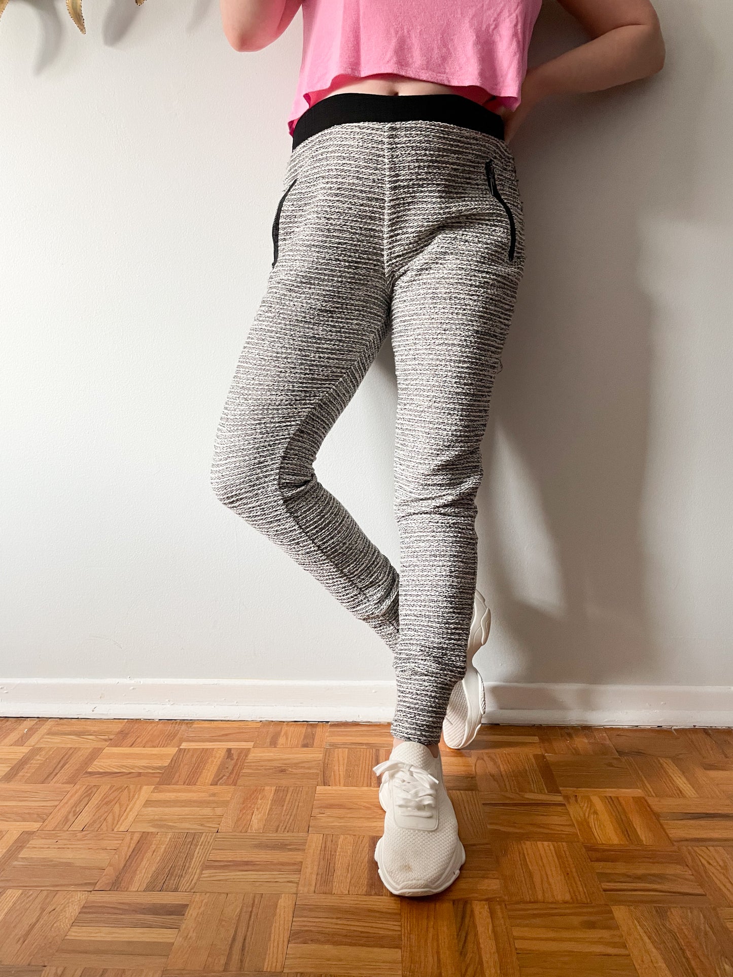 Covet Grey Tweed Striped Metallic High Rise Jogger Pants - Medium