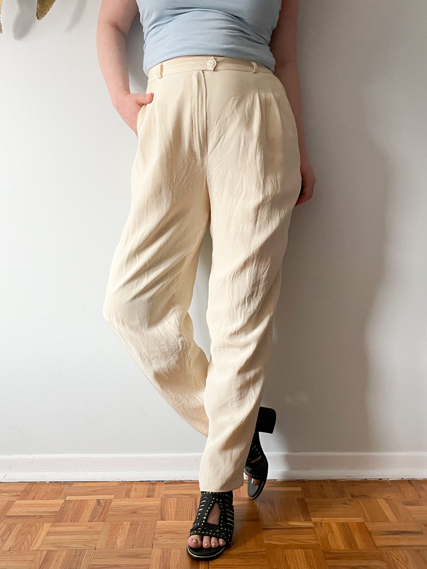 Vintage Bianca Nygard Cream 100% Silk High Rise Trouser Pants - Size 12