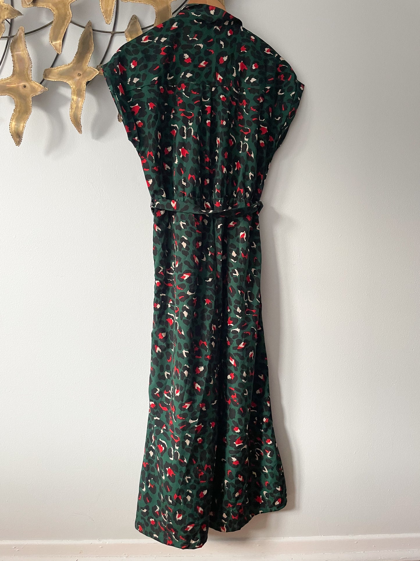 Japna Forest Green Red Leopard Print Cropped Palazzo Jumpsuit - Small