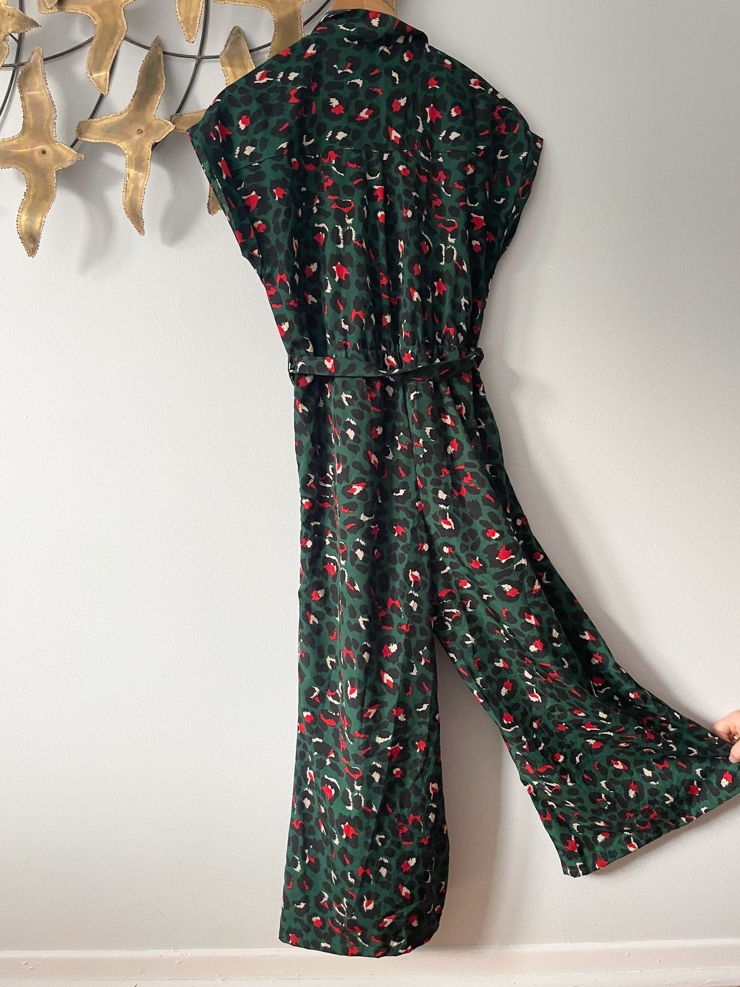 Japna Forest Green Red Leopard Print Cropped Palazzo Jumpsuit - Small